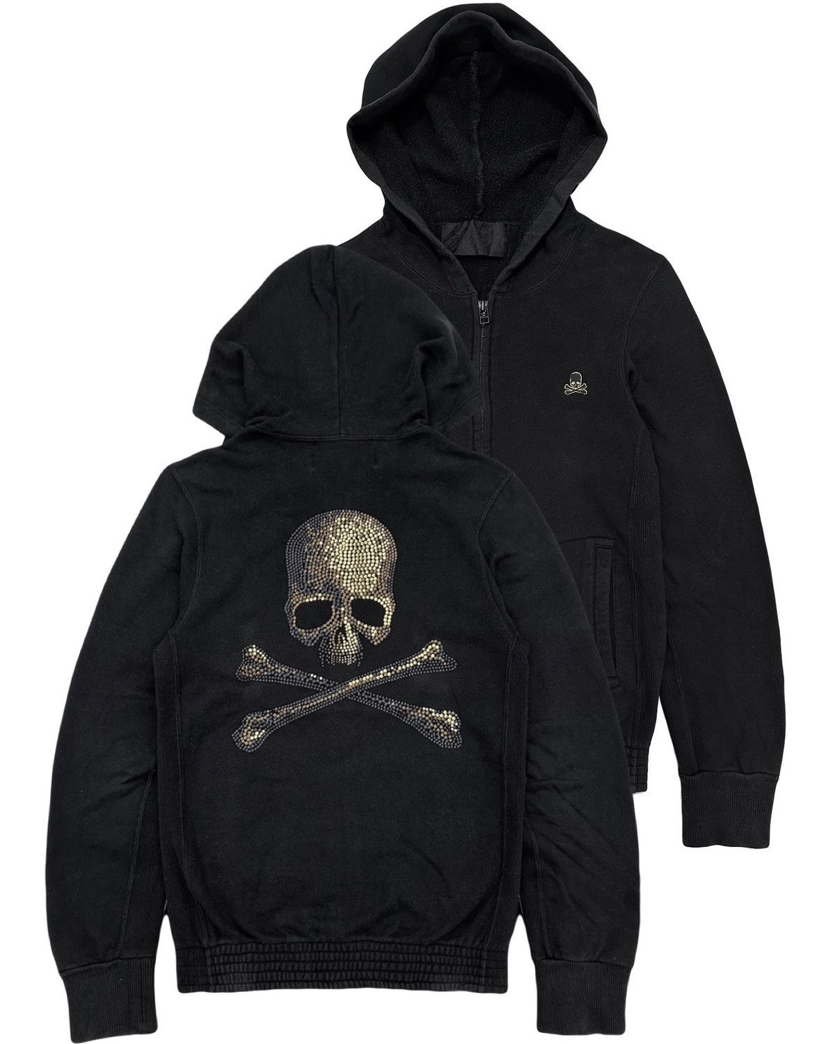 image of Mastermind Japan x Roen Skull Cross Swarovski Zip Hoodie in Black, Men's (Size XS)