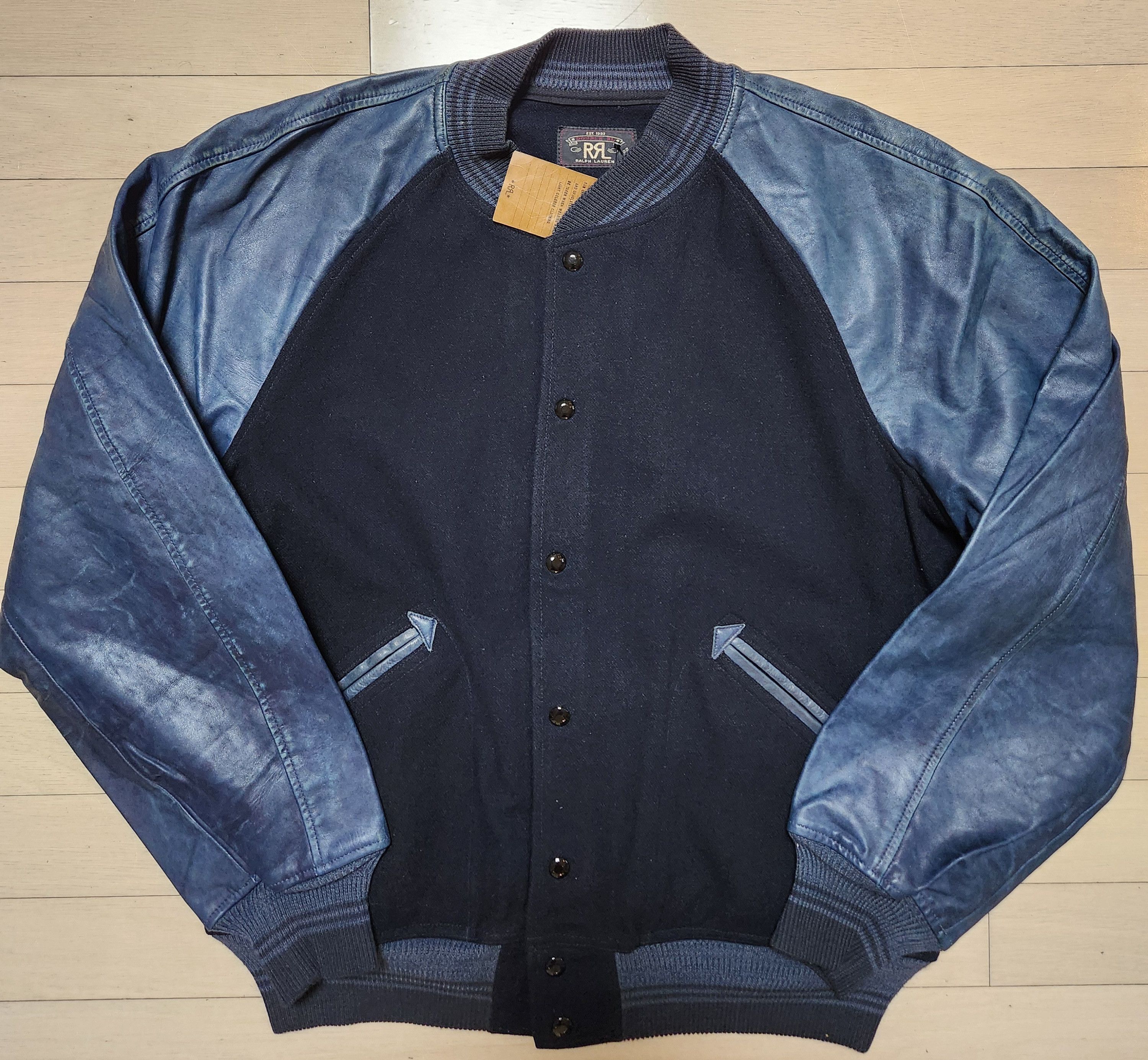 ジャケット・アウター RRL INDIGO LETHER SLEEVE VARSITY JACKET RRL INDIGO LETHER SLEEVE VARSITY JACKET