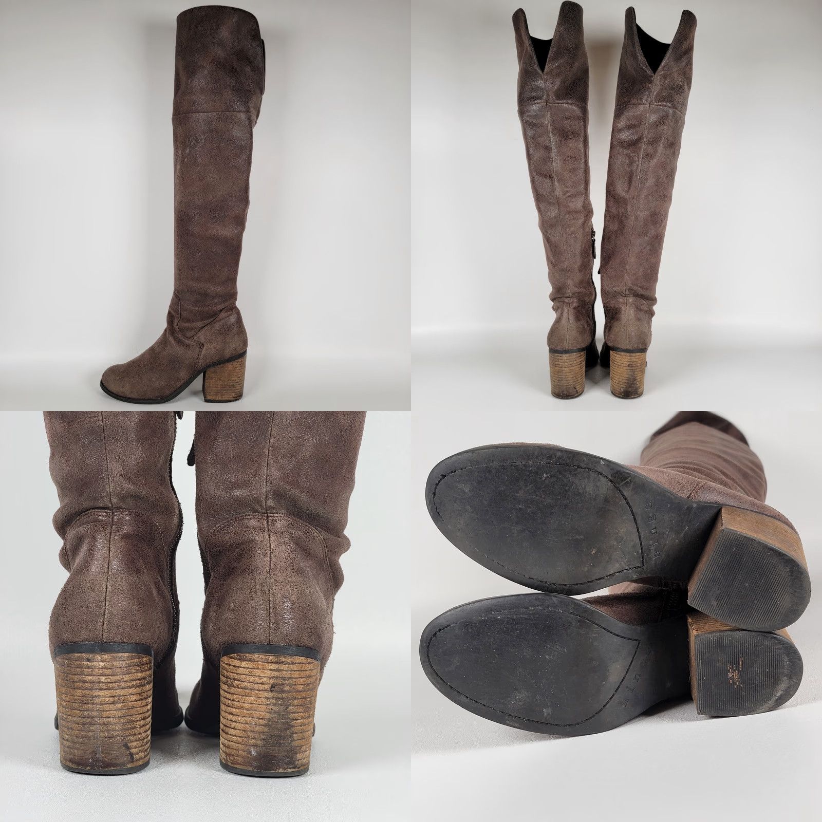 Vintage Hinge Over The Knee Brown Faux Leather Grunge Boot Pull On Women's 8M Heel Western Block Styling Size US 8 / IT 38 - 8 Thumbnail