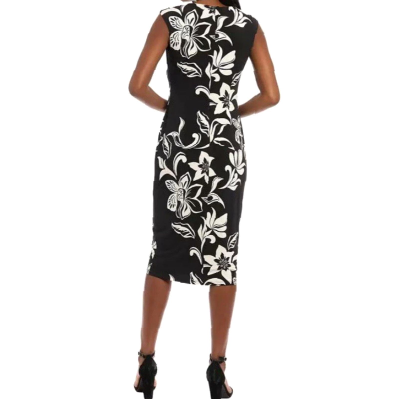 Vintage London Times Women's Floral Sleeveless Midi Sheath Dress - Black/Ivory Sz 6 Size M / US 6-8 / IT 42-44 - 3 Thumbnail