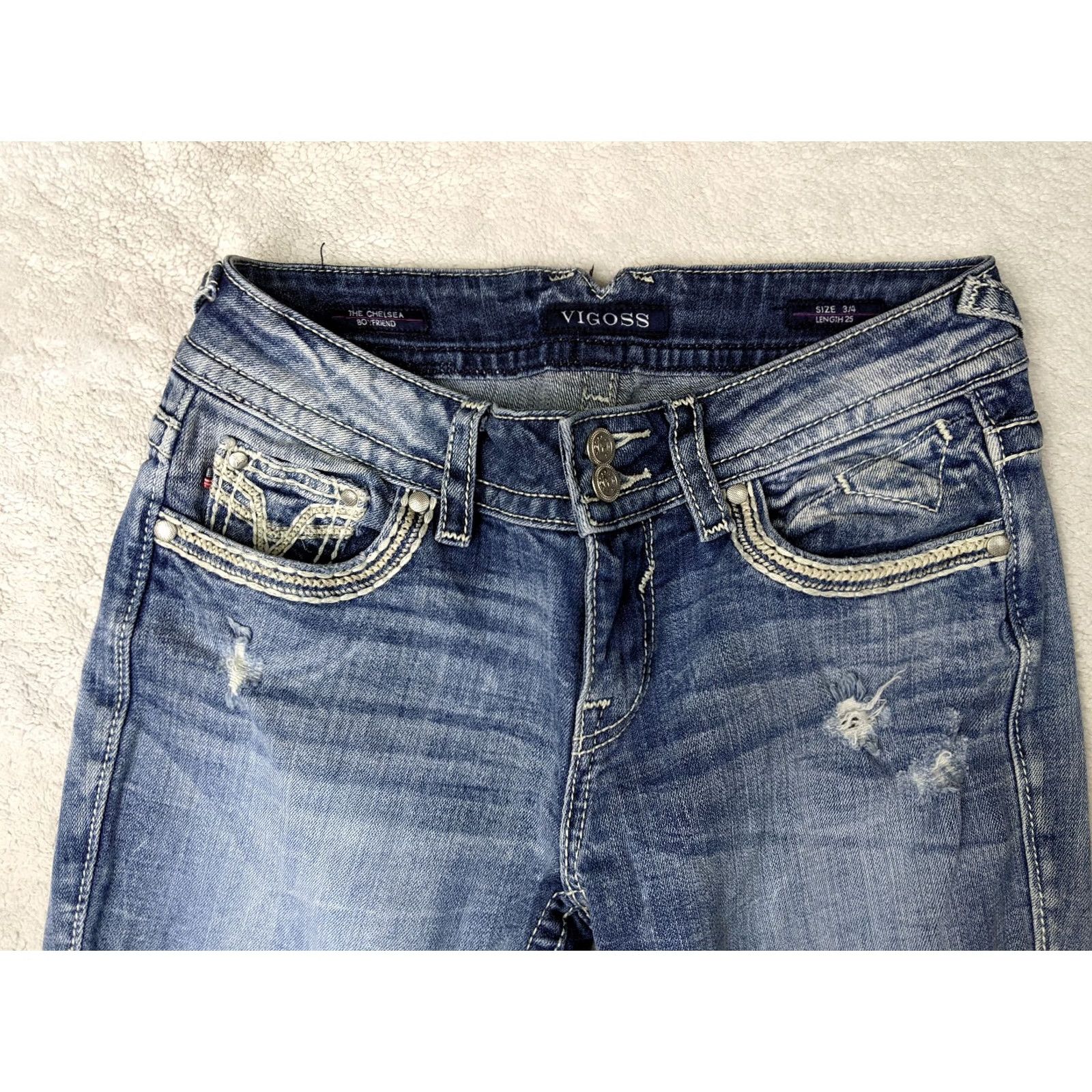 Vintage VIGOSS Chelsea Boyfriend Womens Jeans Low Rise Light Wash Blue 3 4 Thick Stitch Distressed Whiskered Stretch Button Zip Fly 26 Inseam XS? Wait Size 27" / US 4 / IT 40 - 3 Thumbnail