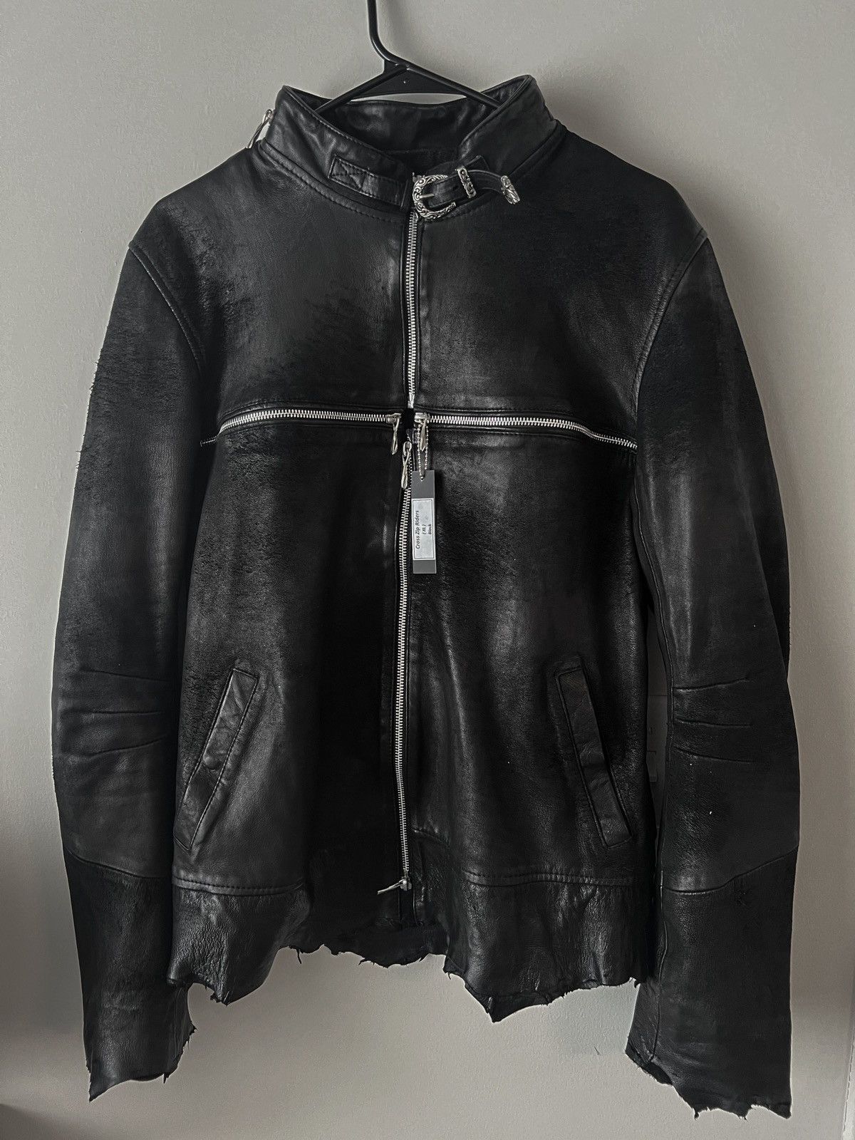 image of 14Th Addiction Leather Cross Zip Jacket in Black, Men's (Size XL)