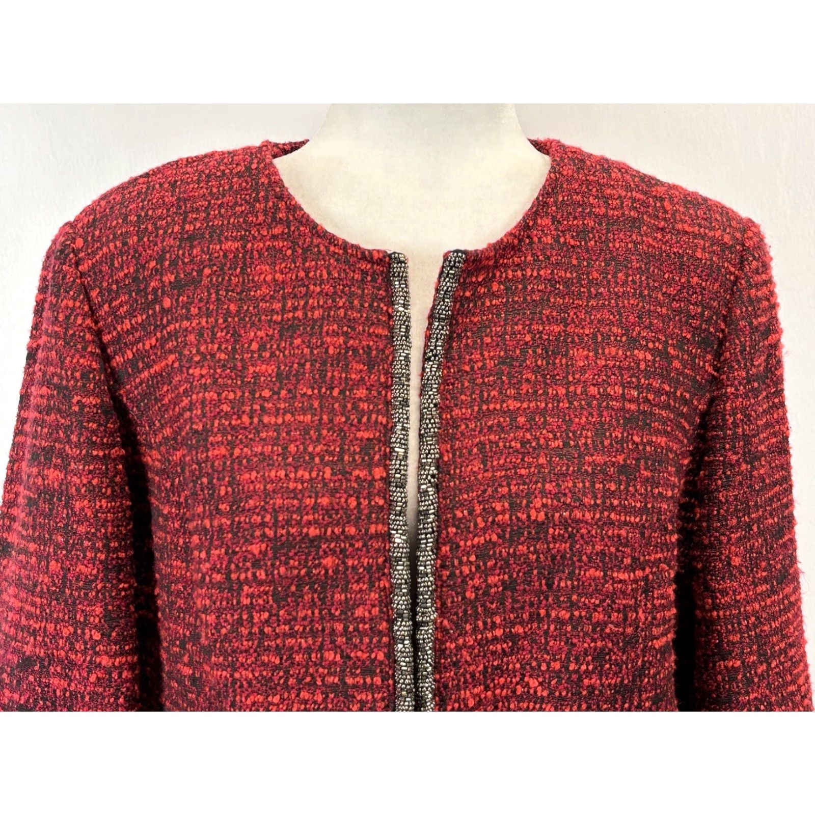 Vintage Chicos Blazer Red Tweed Jacket Sz 2 US Large Beaded Trim Open Front Career Size L / US 10 / IT 46 - 5 Thumbnail