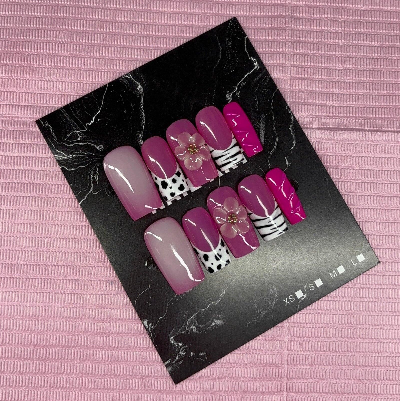 Handmade Medium square press on nails animal print 3d gel flower aura Size ONE SIZE - 2 Thumbnail