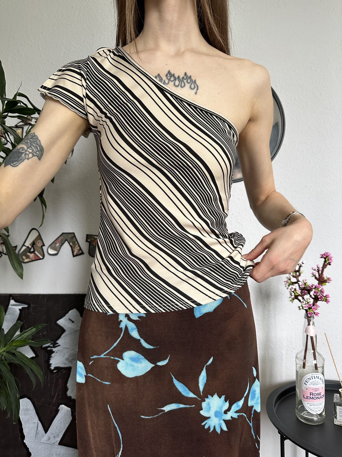 Vintage Asymmetrical One Shoulder Striped Slim Trending Top Size L / US 10 / IT 46 - 3 Thumbnail