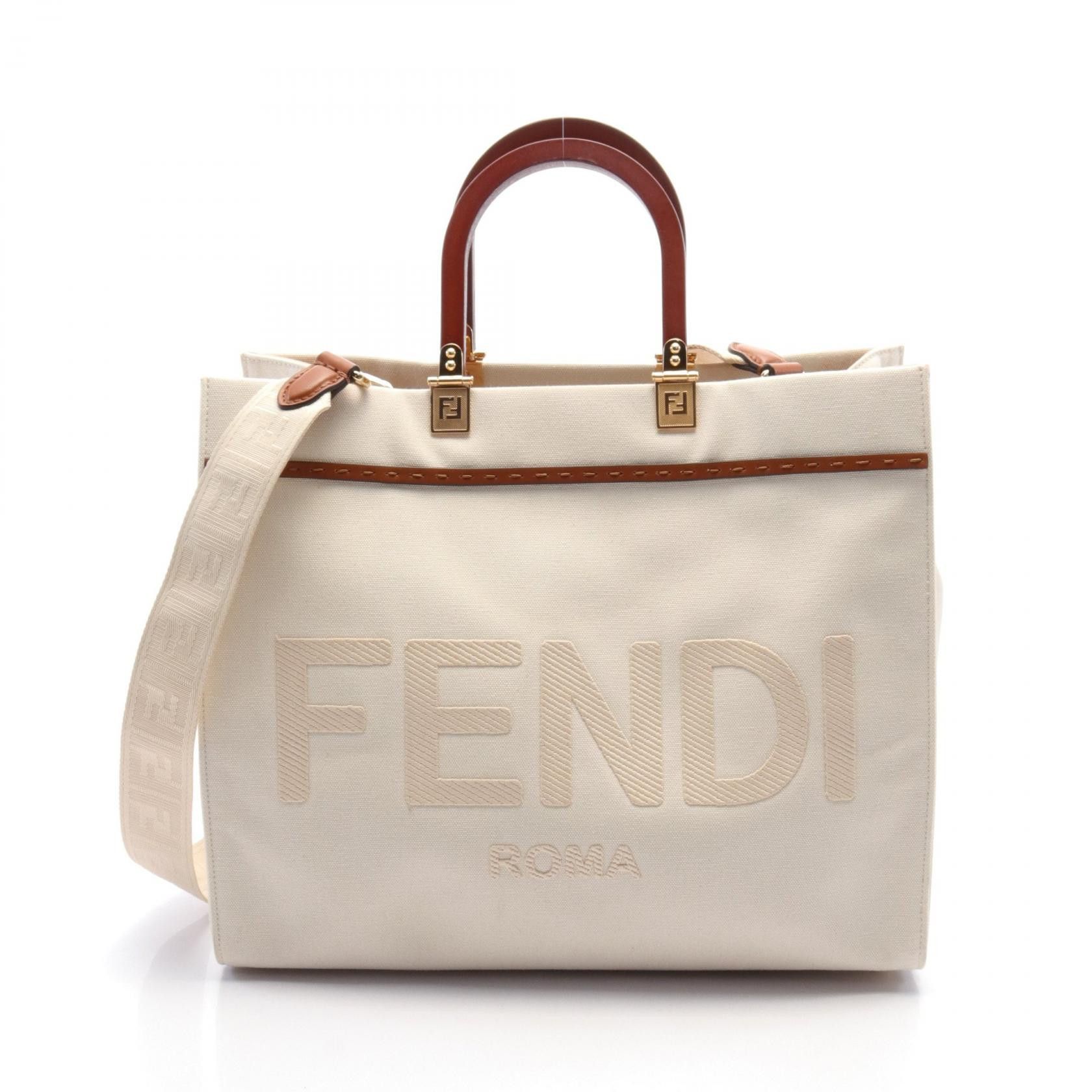 Fendi Fendi Sunshine Medium Canvas Leather Tote Bag Canvas Tote Bag 8Bh386 in White, Women's