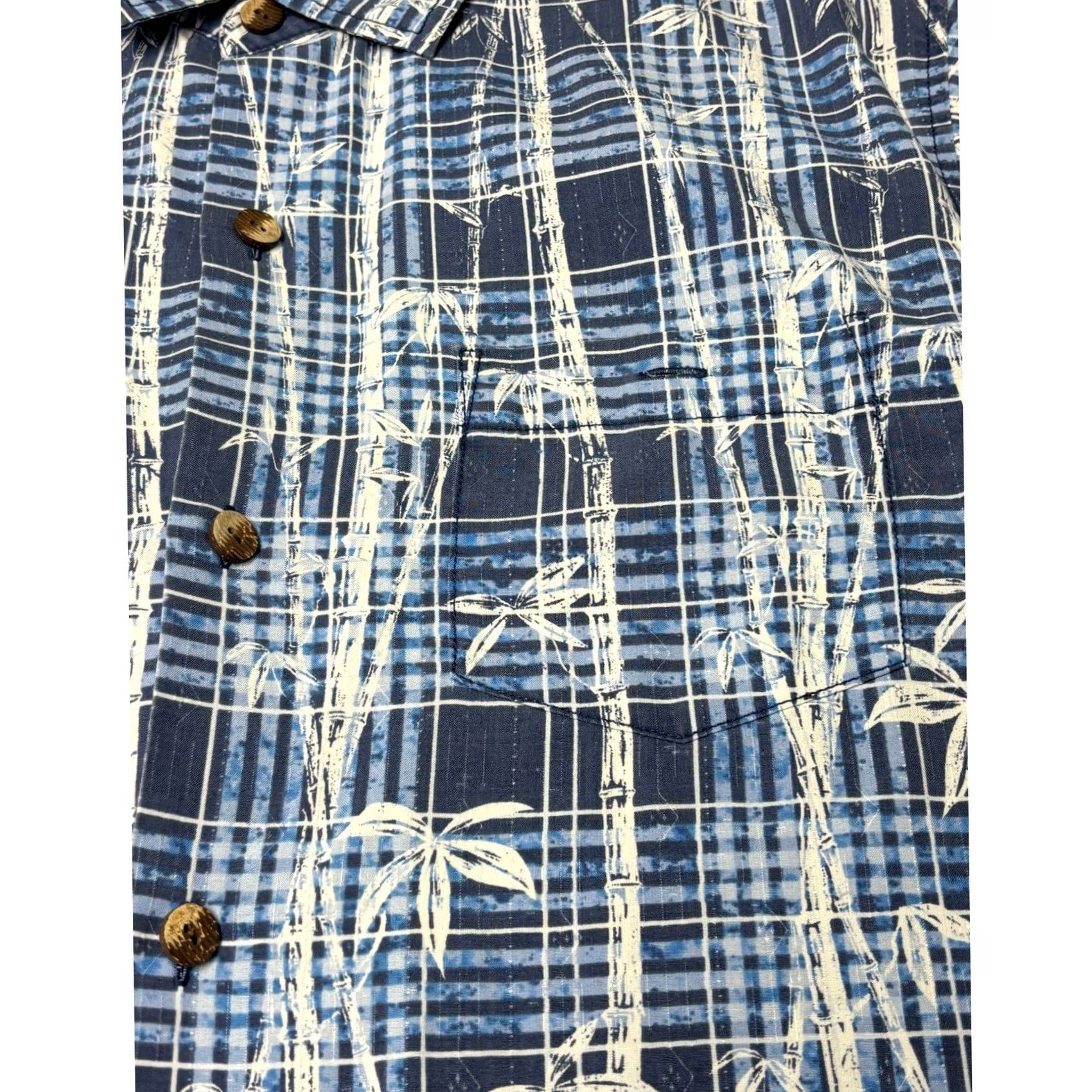 Tommy Bahama Tommy Bahama Mens Large Blue Bamboo Plaid Silk Blend Short Sleeve Button Up Shirt Size US 33 - 2 Thumbnail
