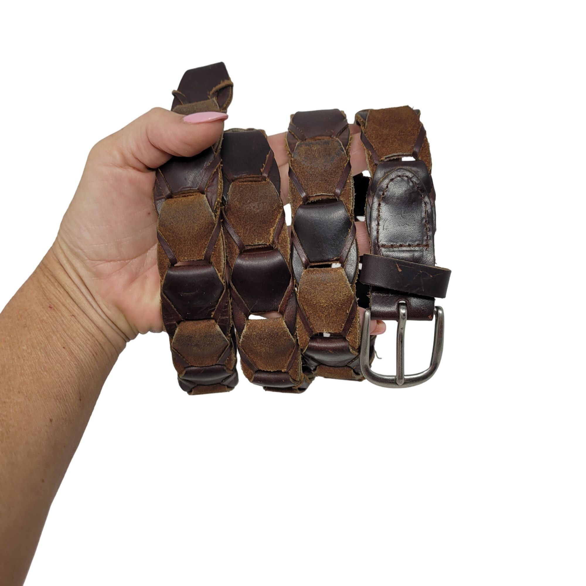 Vintage Vintage Woven Suede Leather Hexagon Pattern Belt 42" Brown W Size 44 - 1 Thumbnail