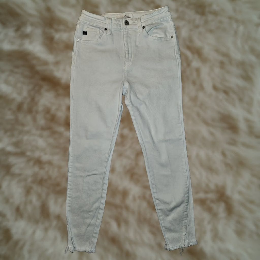 Vintage KanCan Jeans Juniors 7/27 White Skinny Ankle Fringe Slit Preppy City Denim Stretch Adjustable Inseam 25" Womens Size 28" / US 6 / IT 42 - 1 Thumbnail