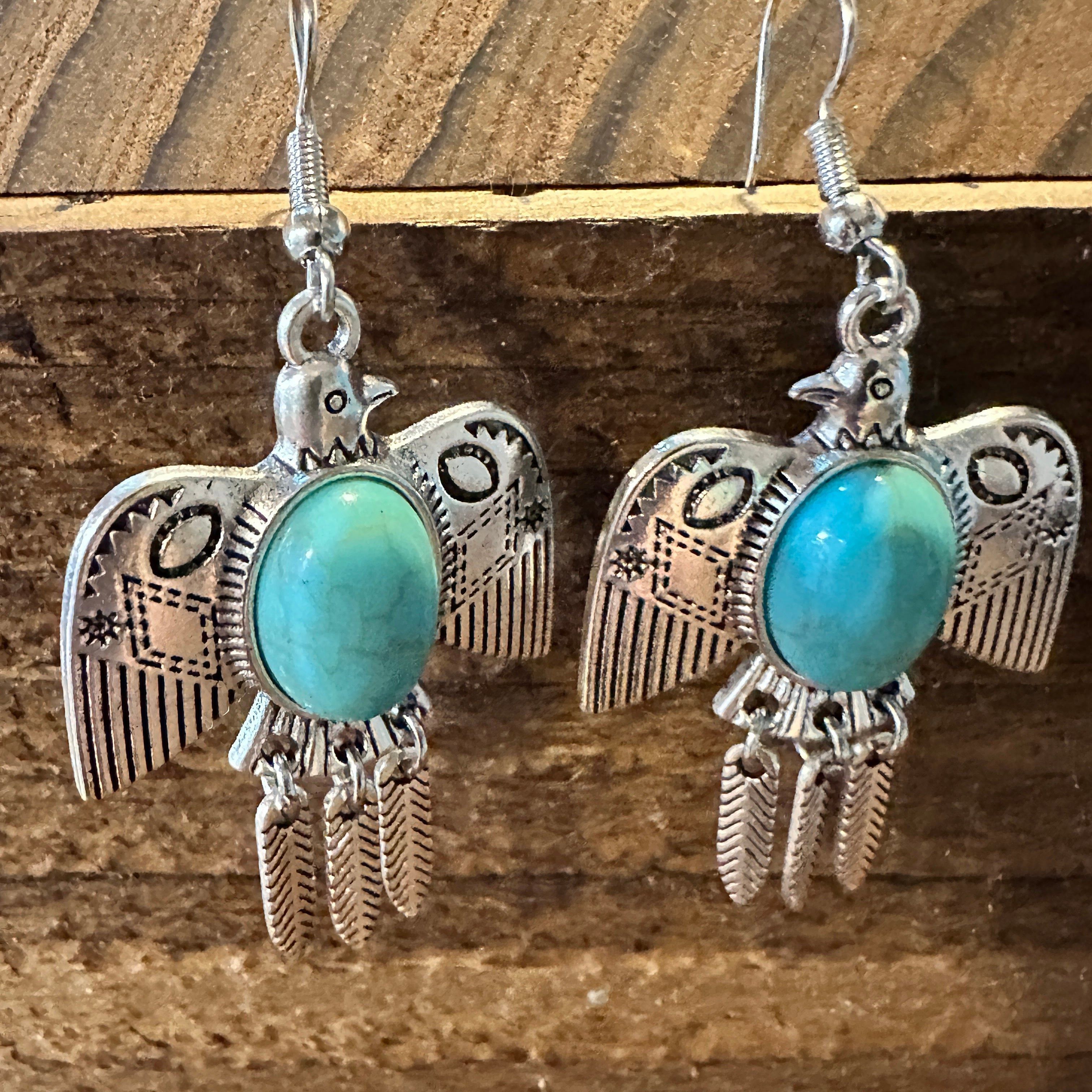 Other Navajo Thunderbird Turquoise Drop Earrings with Silver Plati Size ONE SIZE - 4 Thumbnail