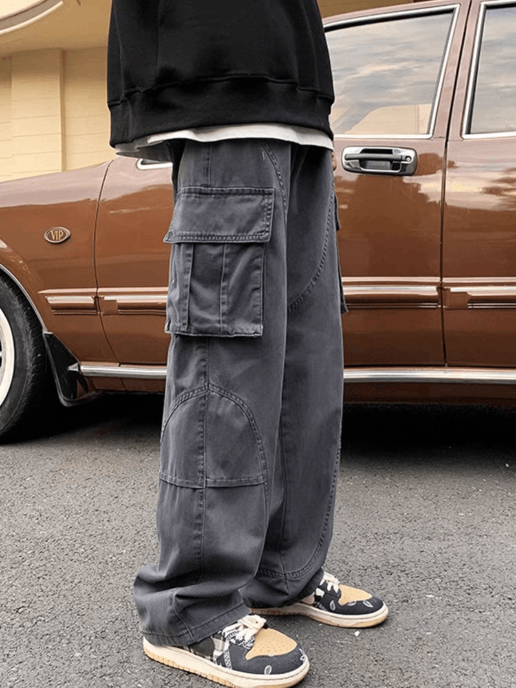 image of Light Green High Street Vintage Loose Casual Pants in Black, Men's (Size 33)