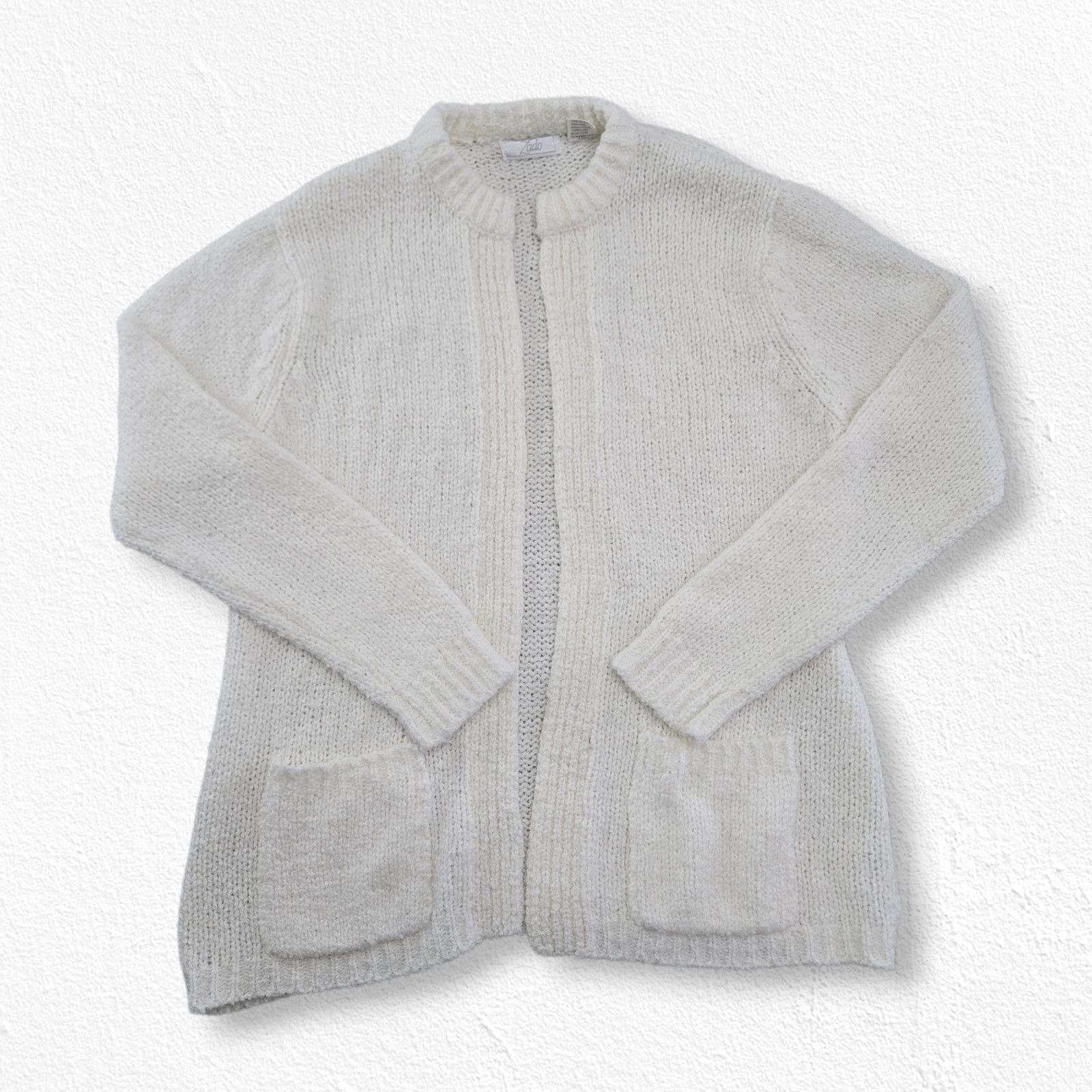Vintage 80s Ivory Open Front Cardigan Sweater Size Large Size L / US 10 / IT 46 - 2 Thumbnail