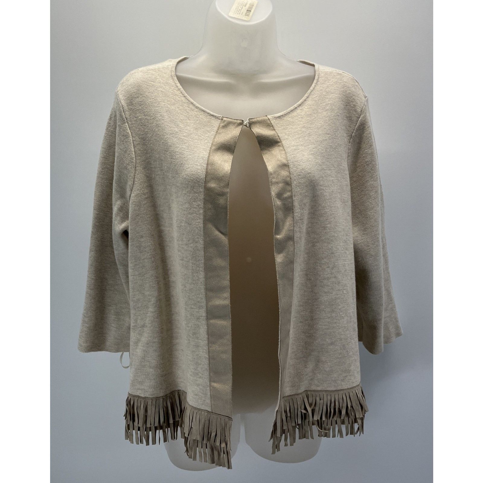 Chicos Chicos 3 Beige Open 3/4 Sleeve Open Knit Cardigan Fringe Size S / US 4 / IT 40 - 1 Thumbnail