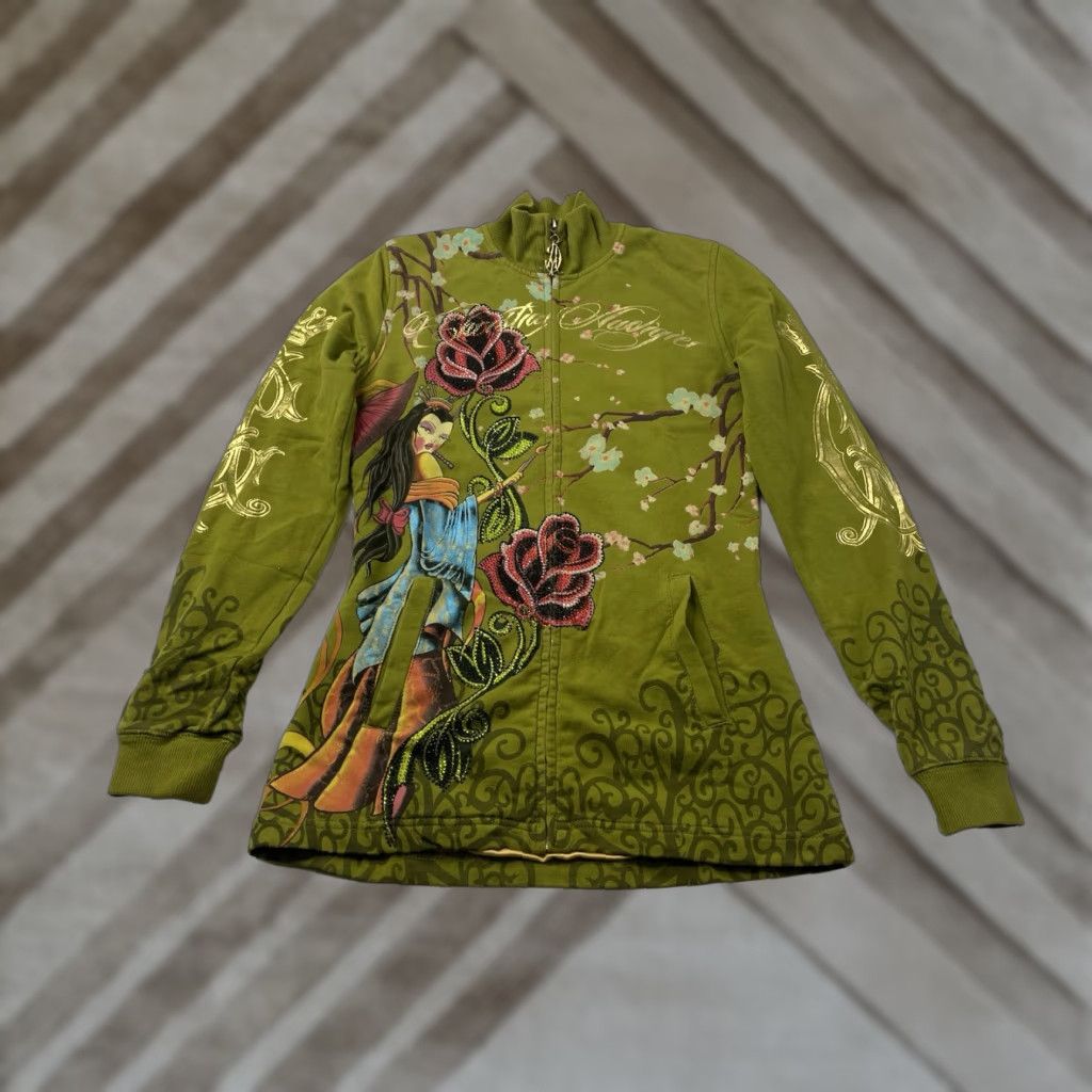 VINTAGE Christian Audigier Sweatshirt Full Zip Women S Green Jewel Accents 90s Activewear