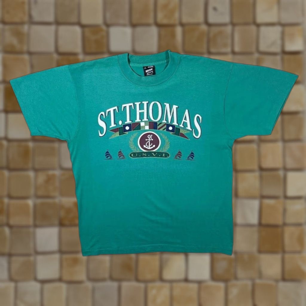 Fruit Of The Loom Vintage St. Thomas US Virgin Islands Souvenir Graphic Single Stitch T-Shirt L Tee Mens Teal Green 1990s United States Fruit of the Loom Shirt Size US L / EU 52-54 / 3 - 1 Thumbnail