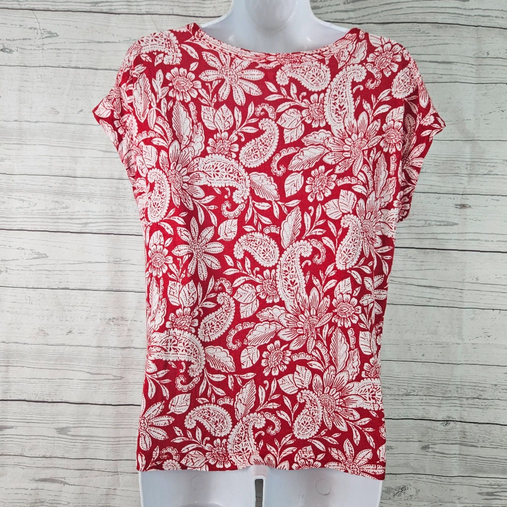 Loft Ann Taylor LOFT Womens Top XS Red White Floral Linen Blend Shirt Size XS / US 0-2 / IT 36-38 - 3 Thumbnail