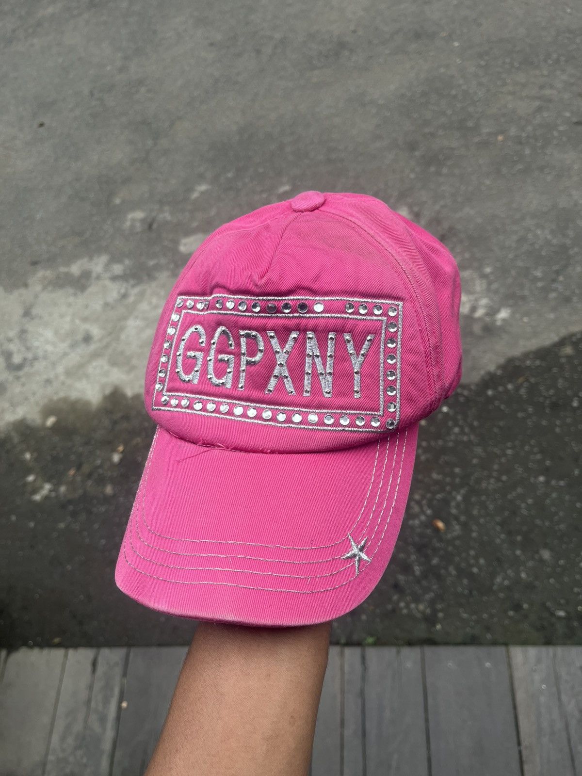 Japanese Brand GGPX New York Pink Rhinestone "GGPXNY" Distressed Hat Y2K Size ONE SIZE - 6 Thumbnail