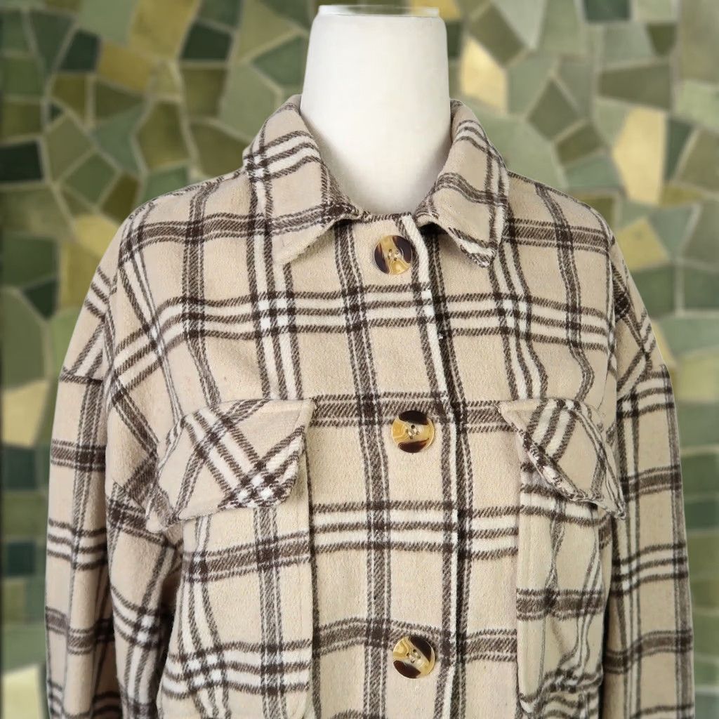 Vintage Motel Marcella Shirt Jacket Shacket Light Tan Plaid Flannel Womens S Size S / US 4 / IT 40 - 1 Thumbnail