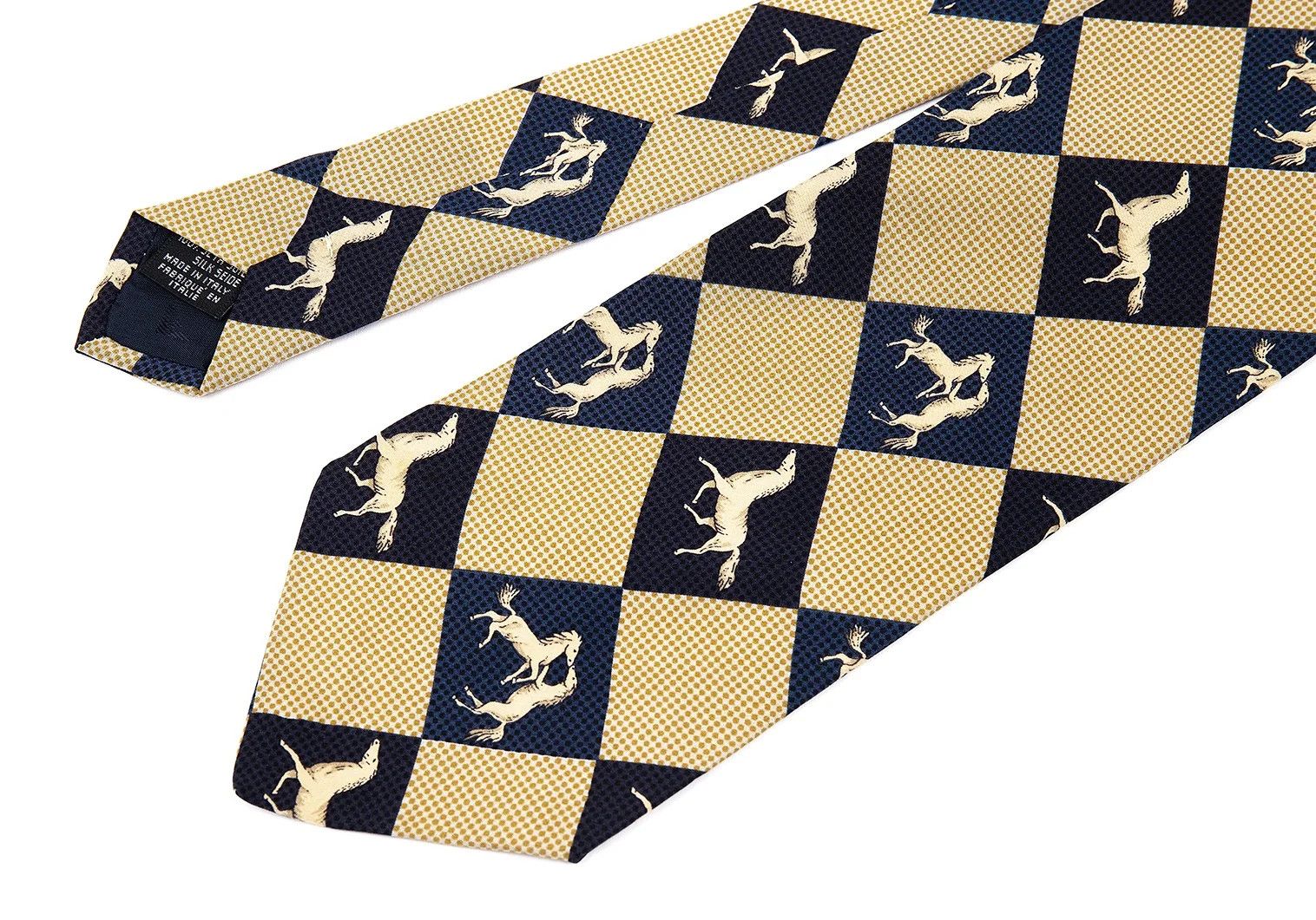 Emporio Armani Silk Horse Diamond Print Tie in Navy Beige Size ONE SIZE - 4 Thumbnail