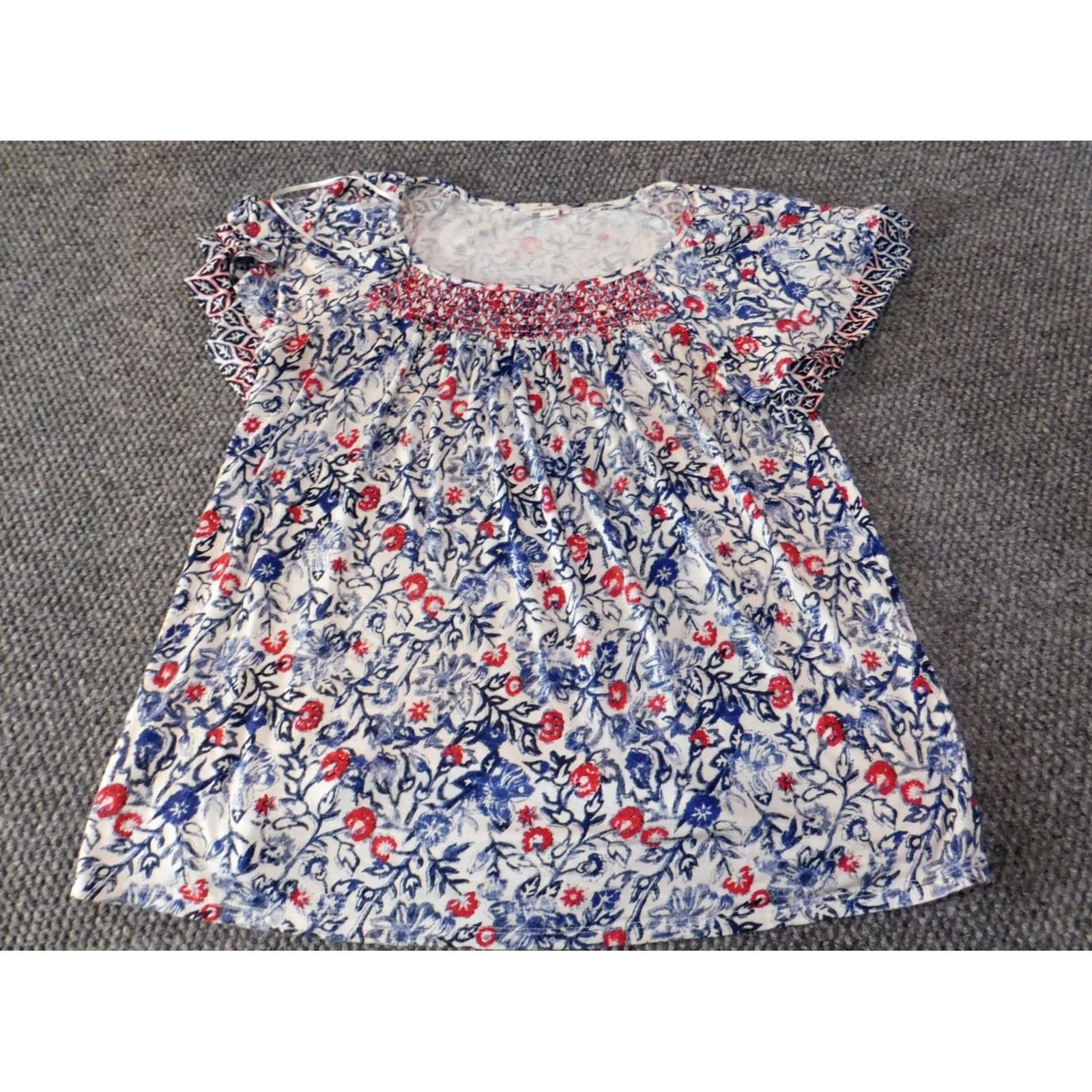 Vintage Westport Womens Blouse S Blue Floral Rayon Spandex Crew Neck Pullover Top Casual Short Sleeve Ruffle Classic Stretch Regular Womens Size S / US 4 / IT 40 - 2 Thumbnail