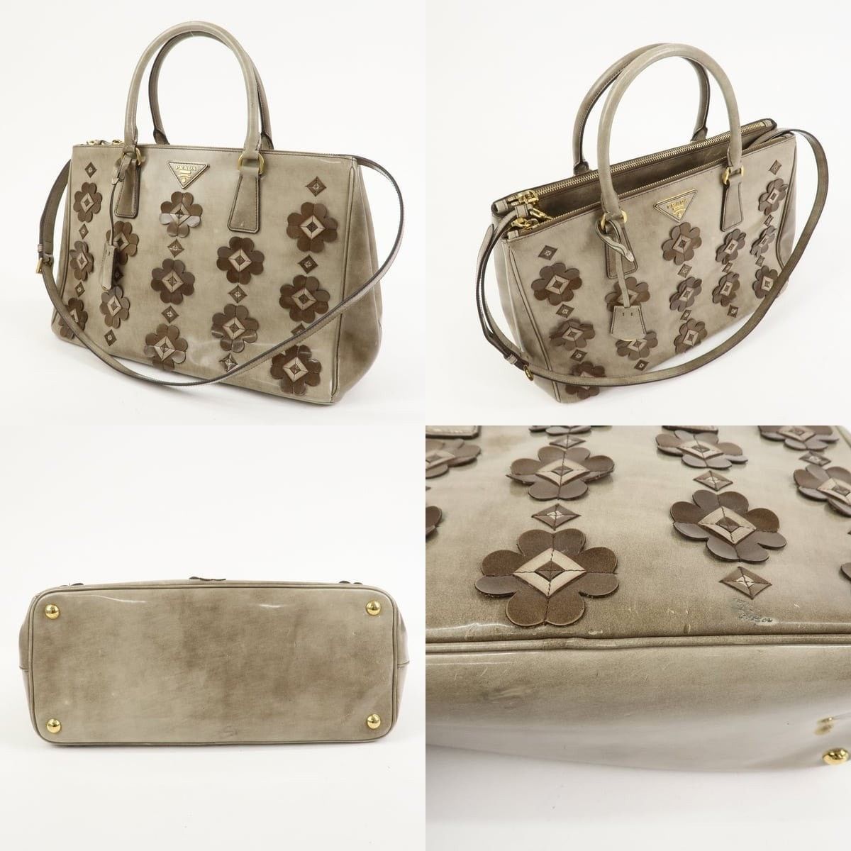 Prada Prada Galleria Flower Patent Leather Tote Gray Size ONE SIZE - 3 Thumbnail