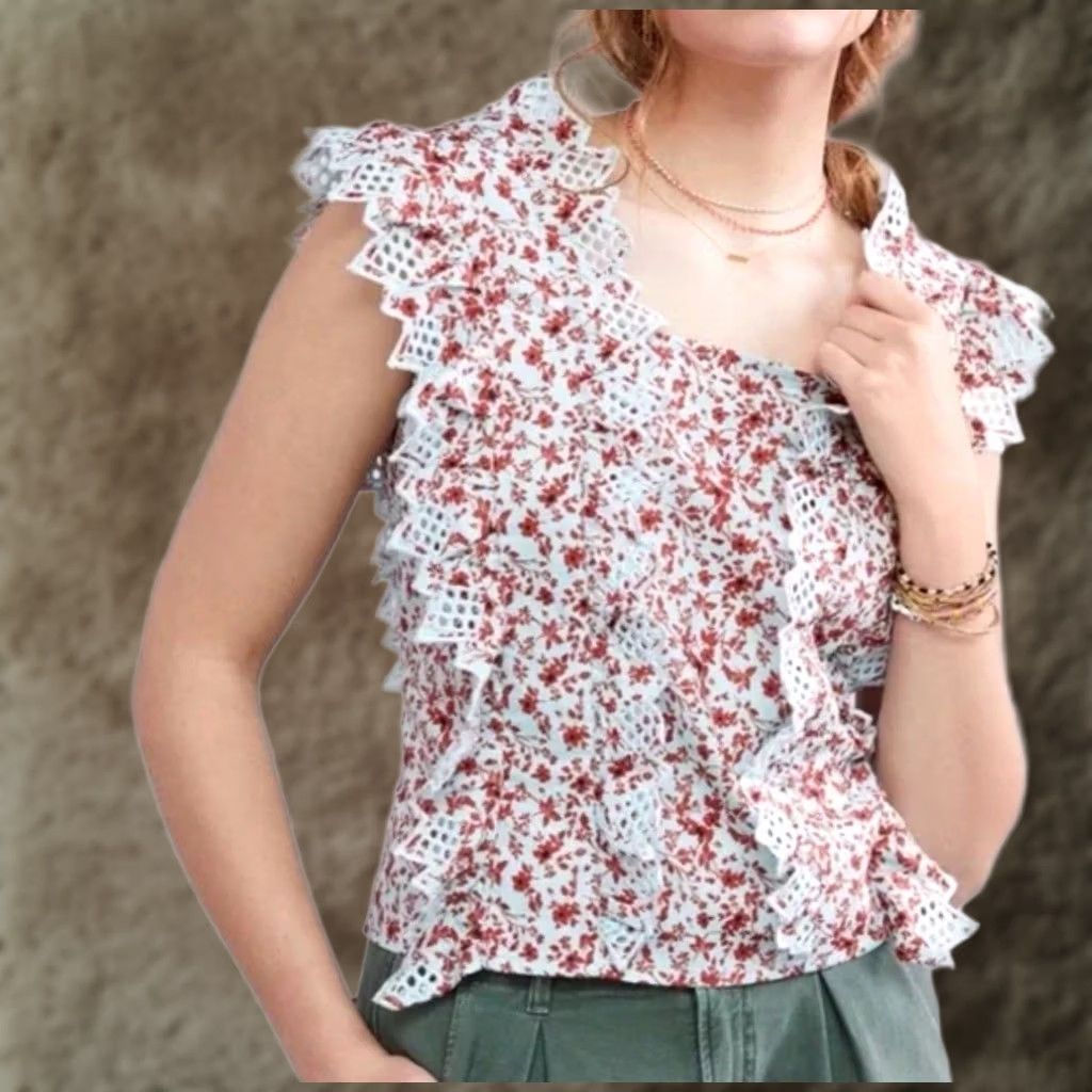 Anthropologie Anthropologie Blouse Multicolor Floral Eyelet Sleeveless Trina Back Bow Square Neck Tie Cropped 100% Cotton S/NIB Size S / US 4 / IT 40 - 1 Thumbnail