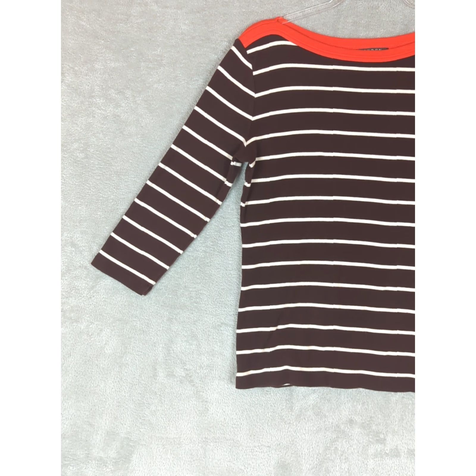 Ralph Lauren Lauren Ralph Lauren Womens Brown Striped Tee Shirt 3/4 Sleeve Boat Neck Sz L Mens Womens Girls Boys? Size L / US 10 / IT 46 - 2 Thumbnail