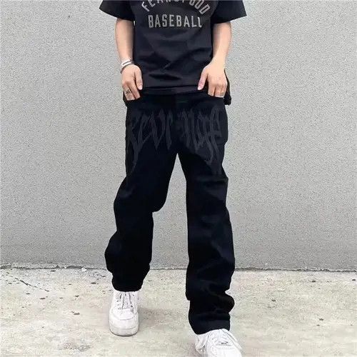 Jean Retro Black Embroidered Letter Jeans Size US 33 - 4 Thumbnail