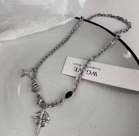 Jewelry Cross Chrome Crescent Moon Chain Silver Goth Vibe Necklace Size ONE SIZE - 1 Thumbnail