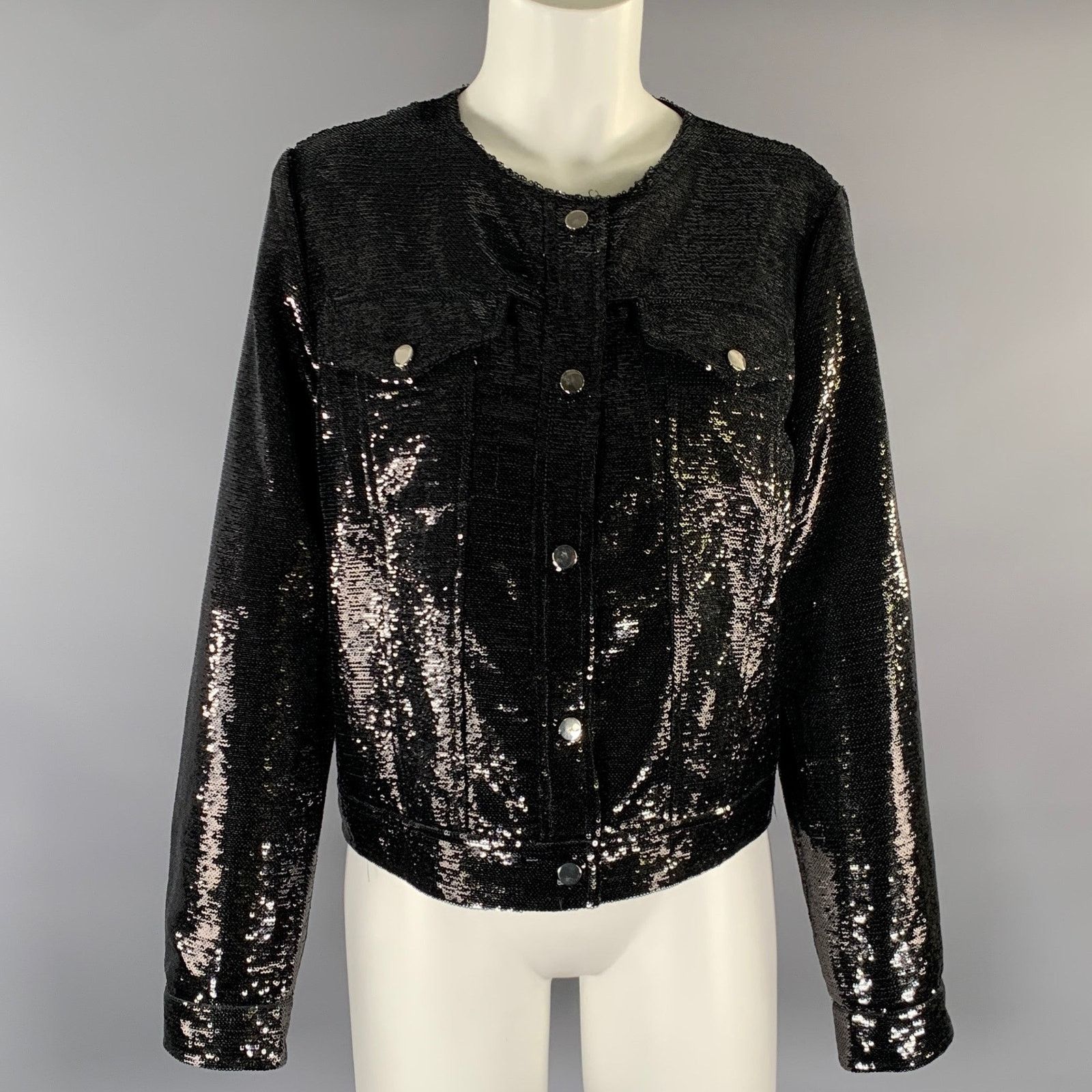Neiman Marcus NEIMAN MARCUS M Black Polyethylene Sequined Snap Jacket Size M / US 6-8 / IT 42-44 - 1 Thumbnail