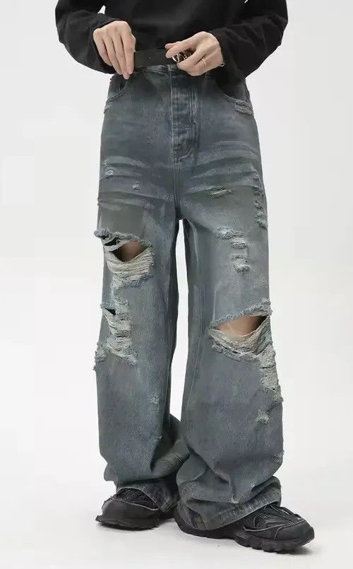 Jean Straight Loose Baggy Distressed Jeans Size US 32 / EU 48 - 3 Thumbnail