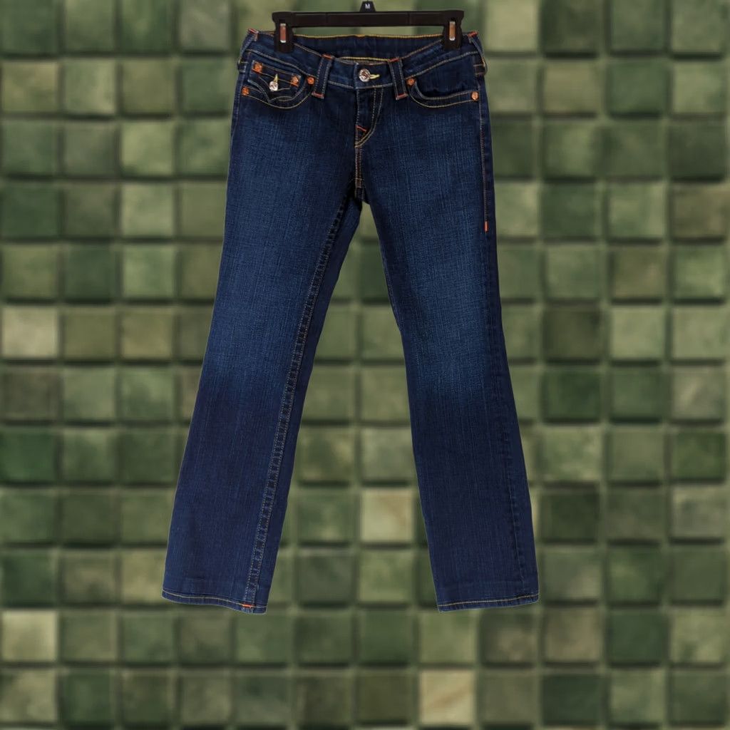True Religion VINTAGE True Religion Jeans 5-Pocket Regular Bootcut Blue Women 29 Dark Wash Cotton Elastane Belt Loops Zip Pocket Design American Theme Size 29" - 1 Thumbnail