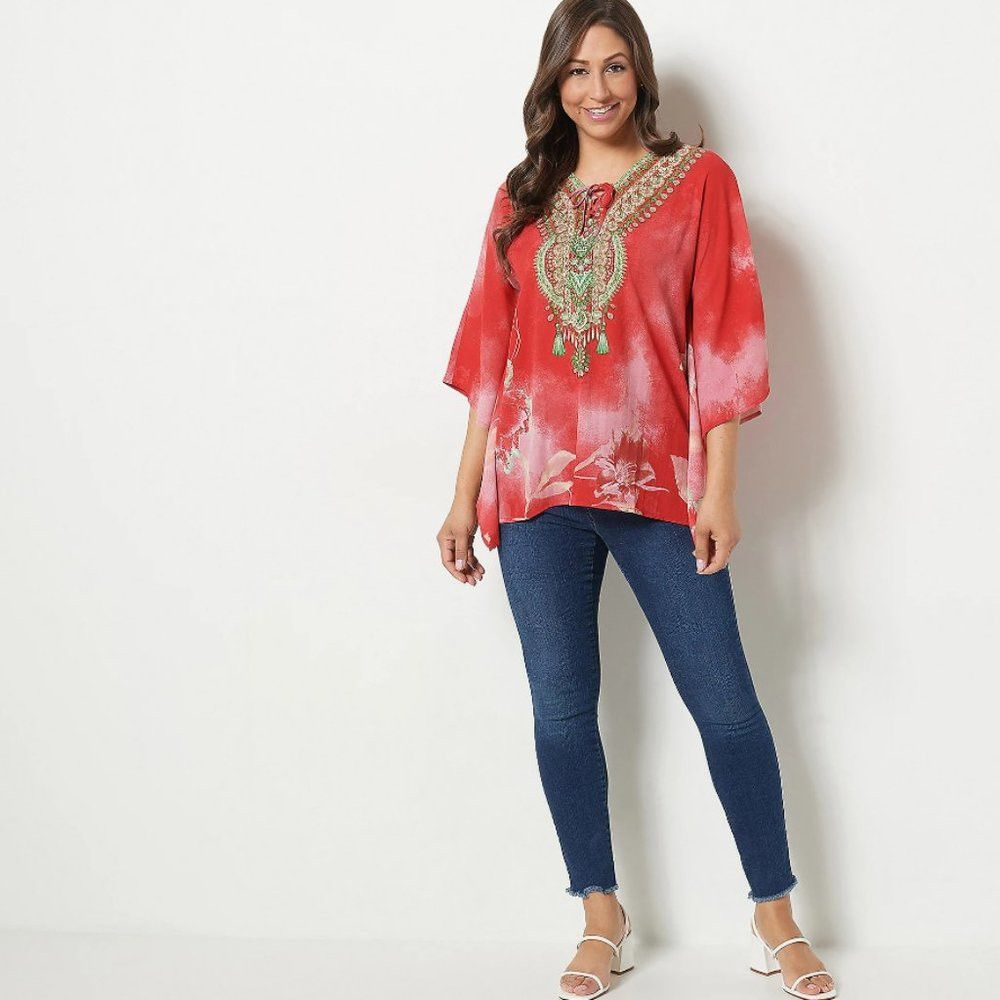 Other New Belle by Kim Gravel Printed V-Neck Lace-Up Red Poncho S Size XXL / US 16-18 / IT 52-54 - 1 Thumbnail
