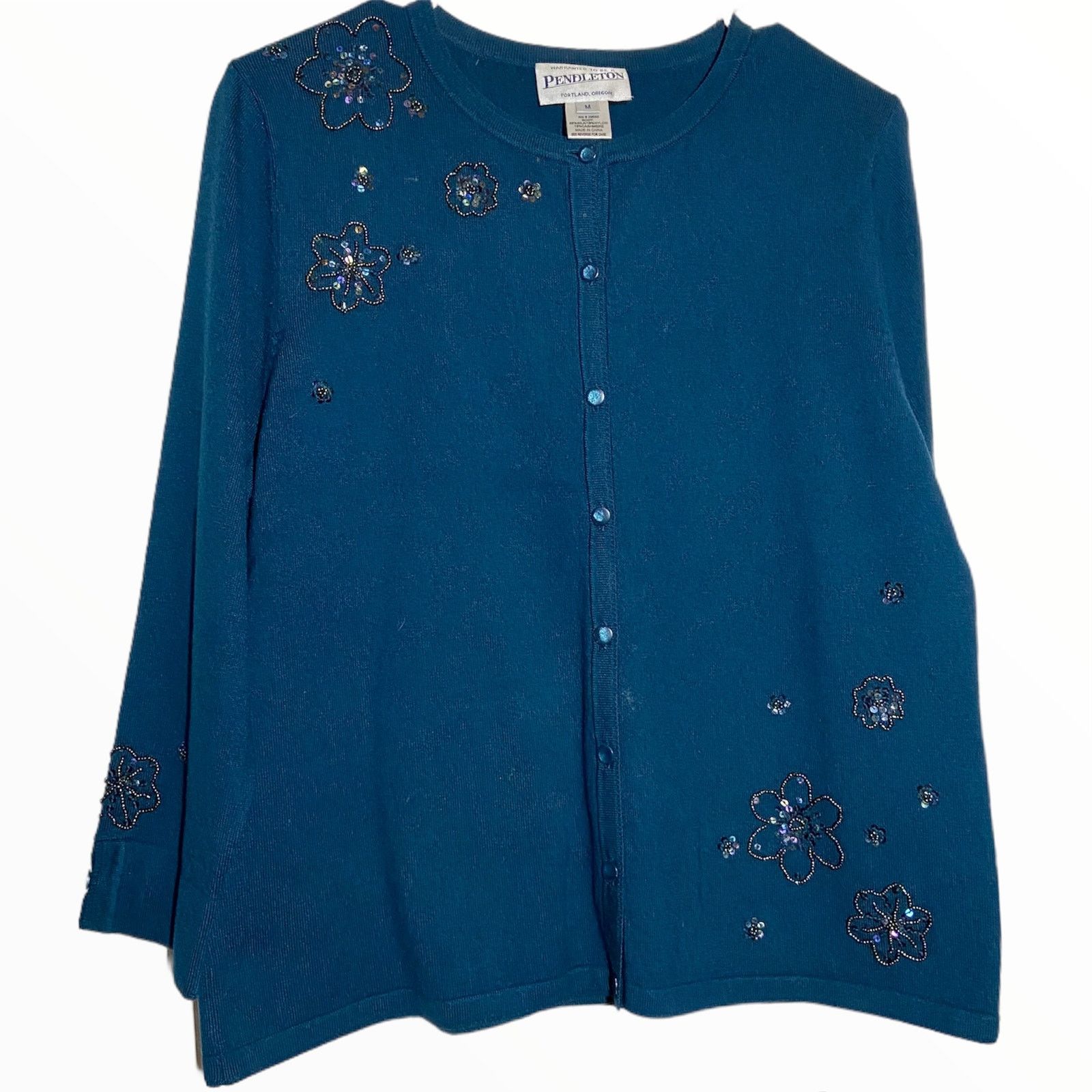 Pendleton Pendleton Cardigan Silk Cashmere Sequin Embellished Teal M Size M / US 6-8 / IT 42-44 - 2 Thumbnail