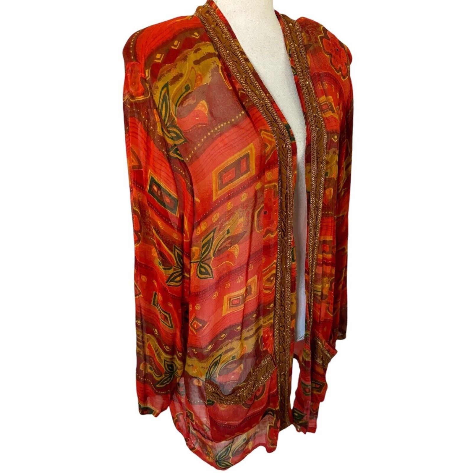 Other Tan-Chho Orange Red Yellow Duster Jacket Kimono Rayon Sz 1X Size XL / US 12-14 / IT 48-50 - 2 Thumbnail