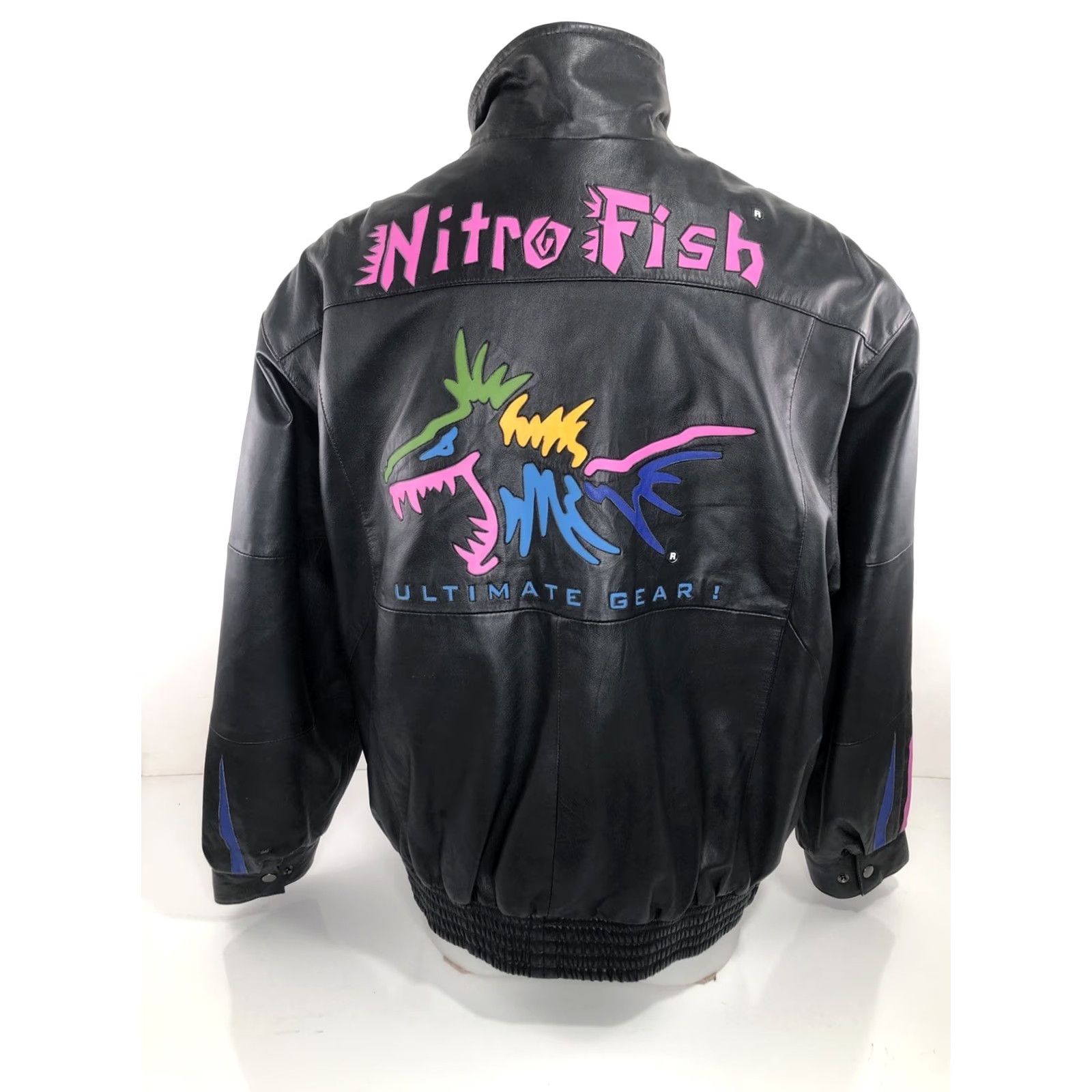 Vintage NITRO FISH Leather Bomber Jacket Mens XL Shoulder Pads Black 90s Fish Theme Vintage EXCELLENT Size US XL / EU 56 / 4 - 2 Thumbnail