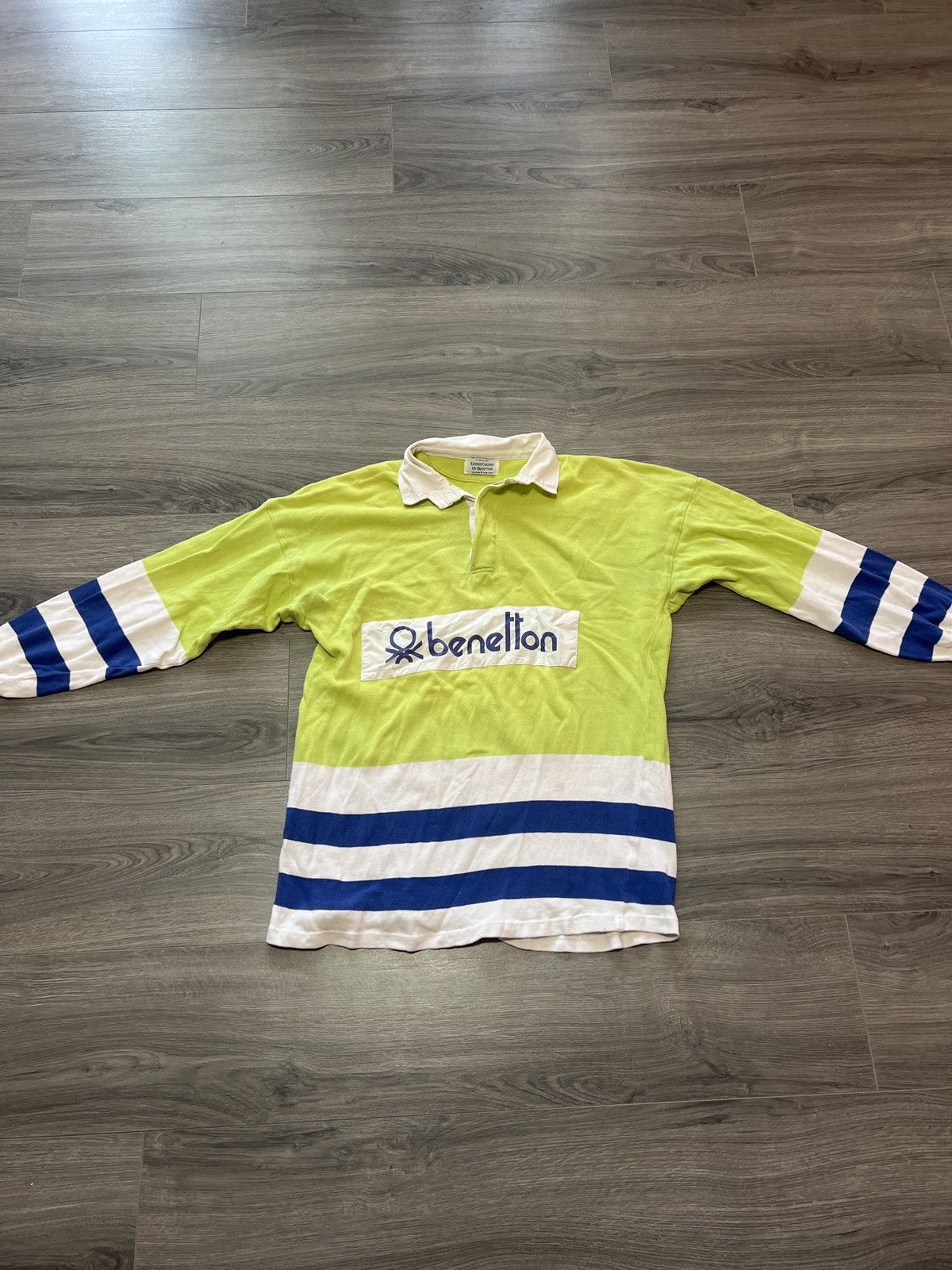 image of Rare Vintage 80's United Colors Of Benetton Rugby Shirt in Neon Green, Men's (Size Large)