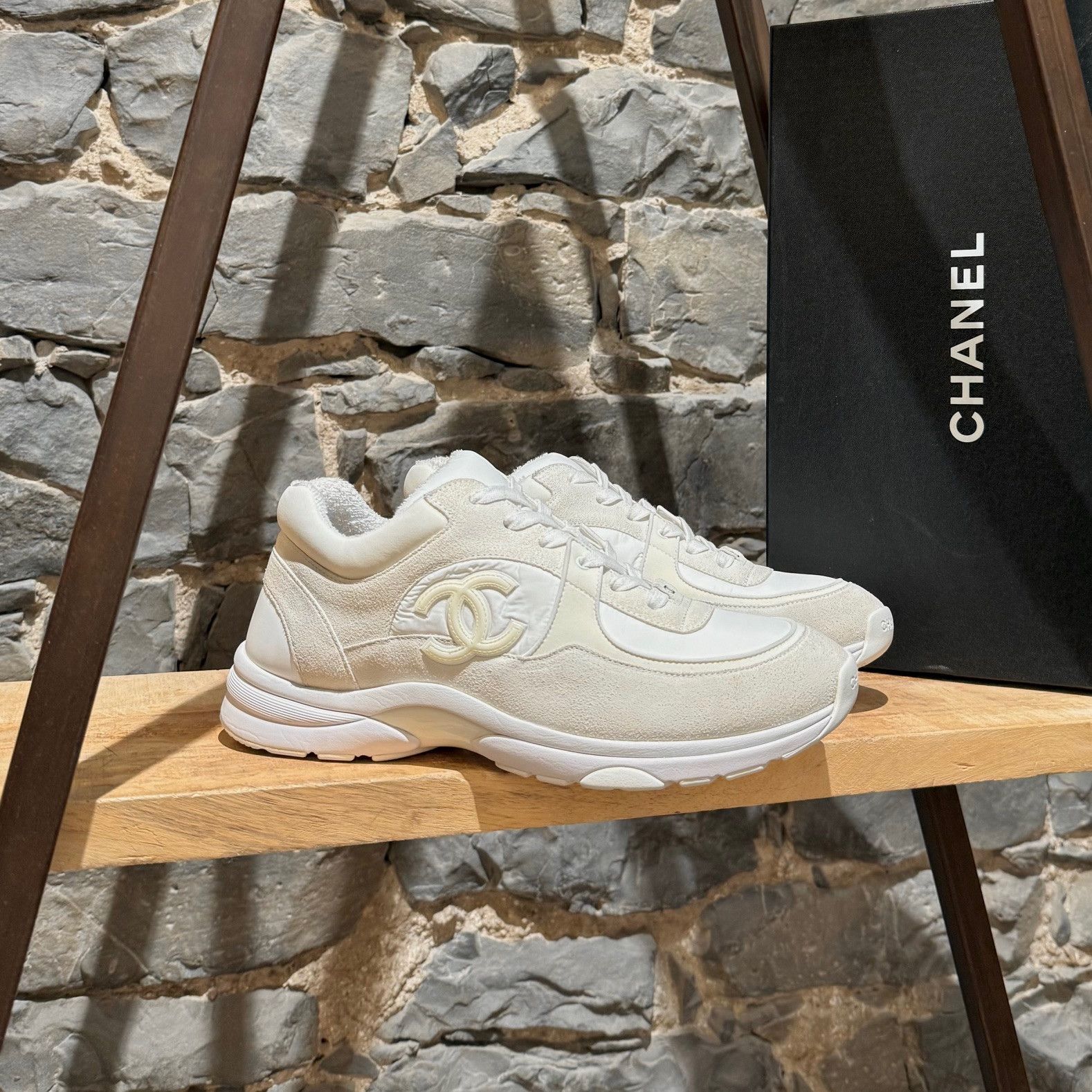 Chanel White Ivory Suede Nylon CC Reflective Sneakers