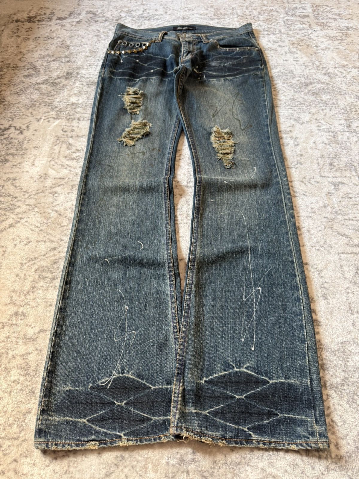 If Six Was Nine Root Three Japan Studded & Pierced Rusty Wash Flared Jeans Size US 32 / EU 48 - 1 Thumbnail
