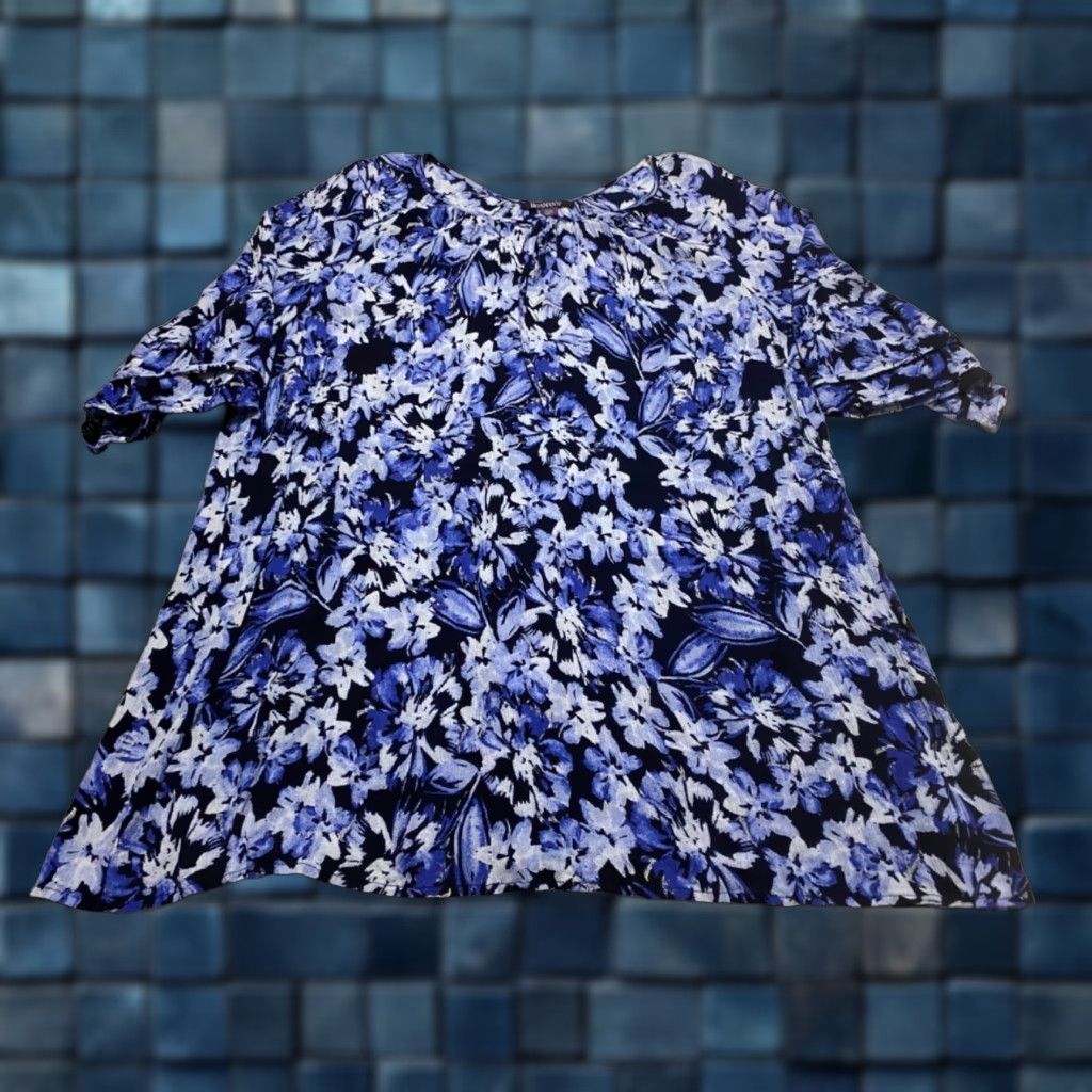 Vintage Roaman's Womens Blouse Shirt 24W Plus Blue Floral 3/4 Sleeve V-Neck Rayon Size 4XL / US 24-26 - 1 Thumbnail