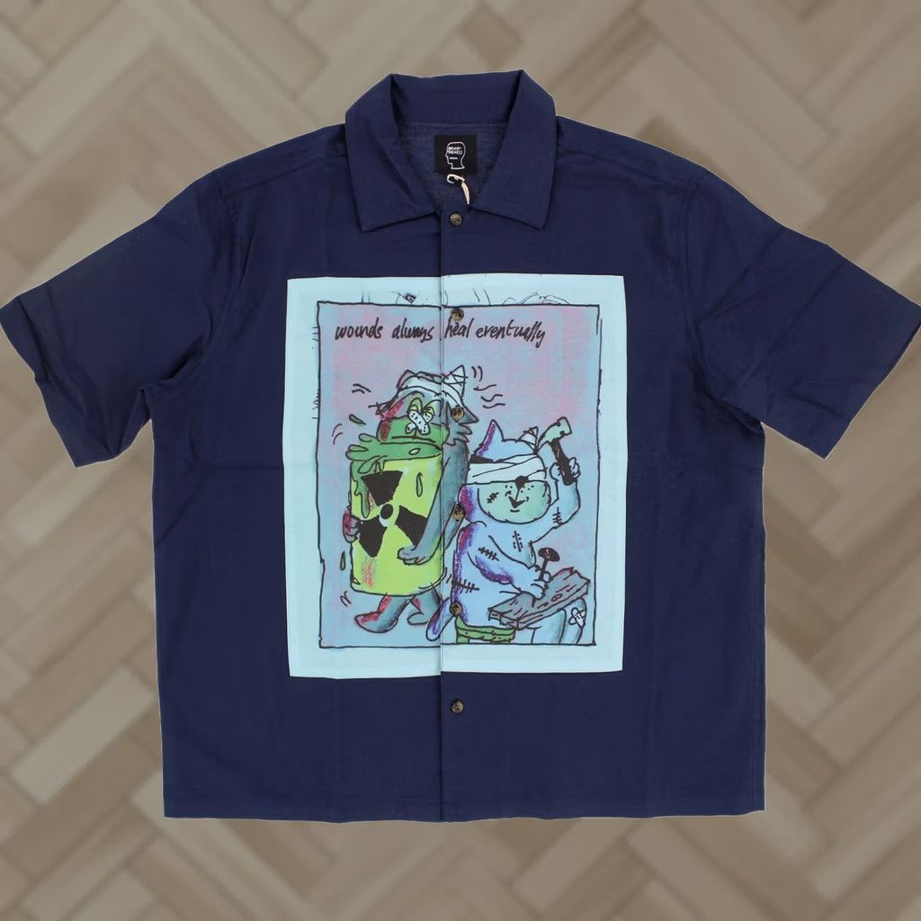 Brain Dead Brain Dead Wounds Heal Graphic Button Up Shirt Navy Small Mens Short Sleeve Lightweight 100% Cotton Relaxed Fit Canvas Size US S / EU 44-46 / 1 - 1 Thumbnail