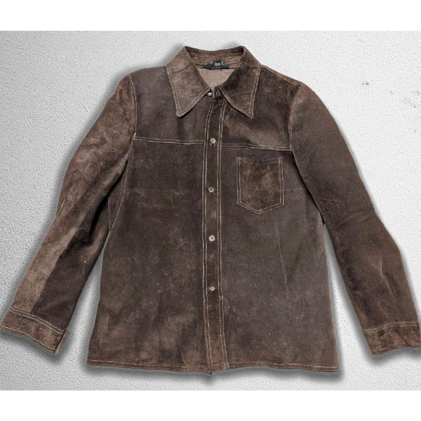 Vintage VINTAGE Cortefiel Leather Shirt Mens Trucker Cowboy Western Brown 38-40 M Long Sleeve Leather 1970s Brazil-made Size US M / EU 48-50 / 2 - 2 Thumbnail