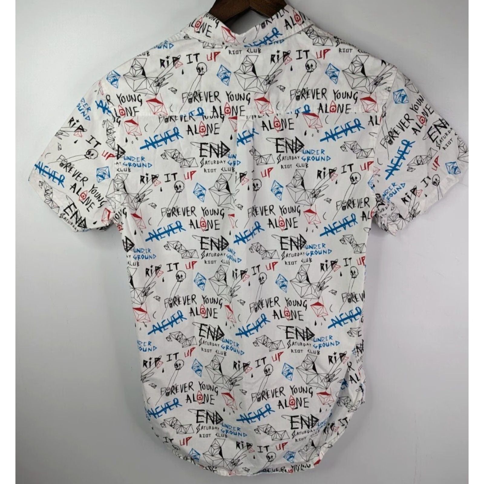 Forever 21 WXYZ Forever Young Print Button Up Short Sleeve Men’s Small 100% Cotton White Shirt Size US 29 - 4 Thumbnail