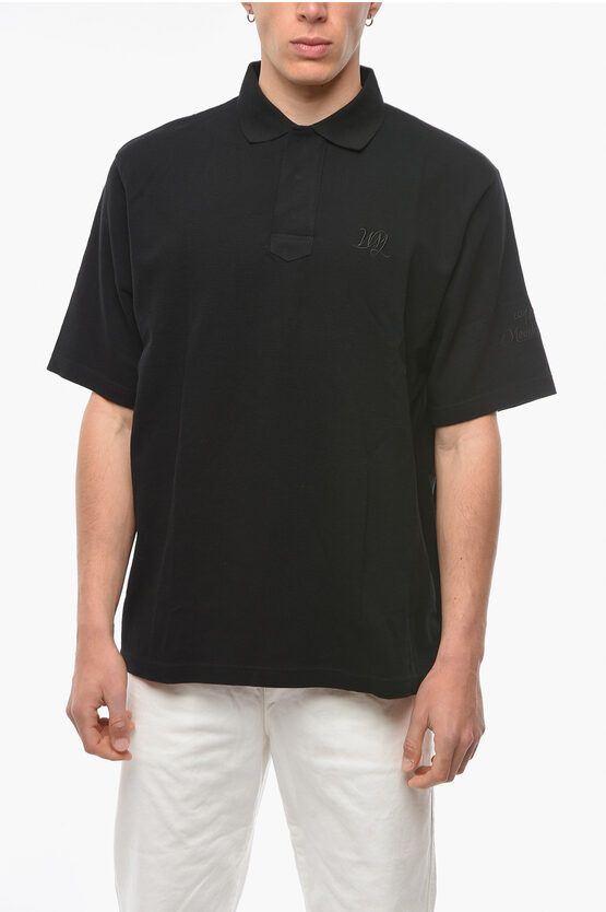 image of White Mountaineering Hidden Buttoning Cotton Polo With Embroidered Logo in Black, Men's (Size XS)