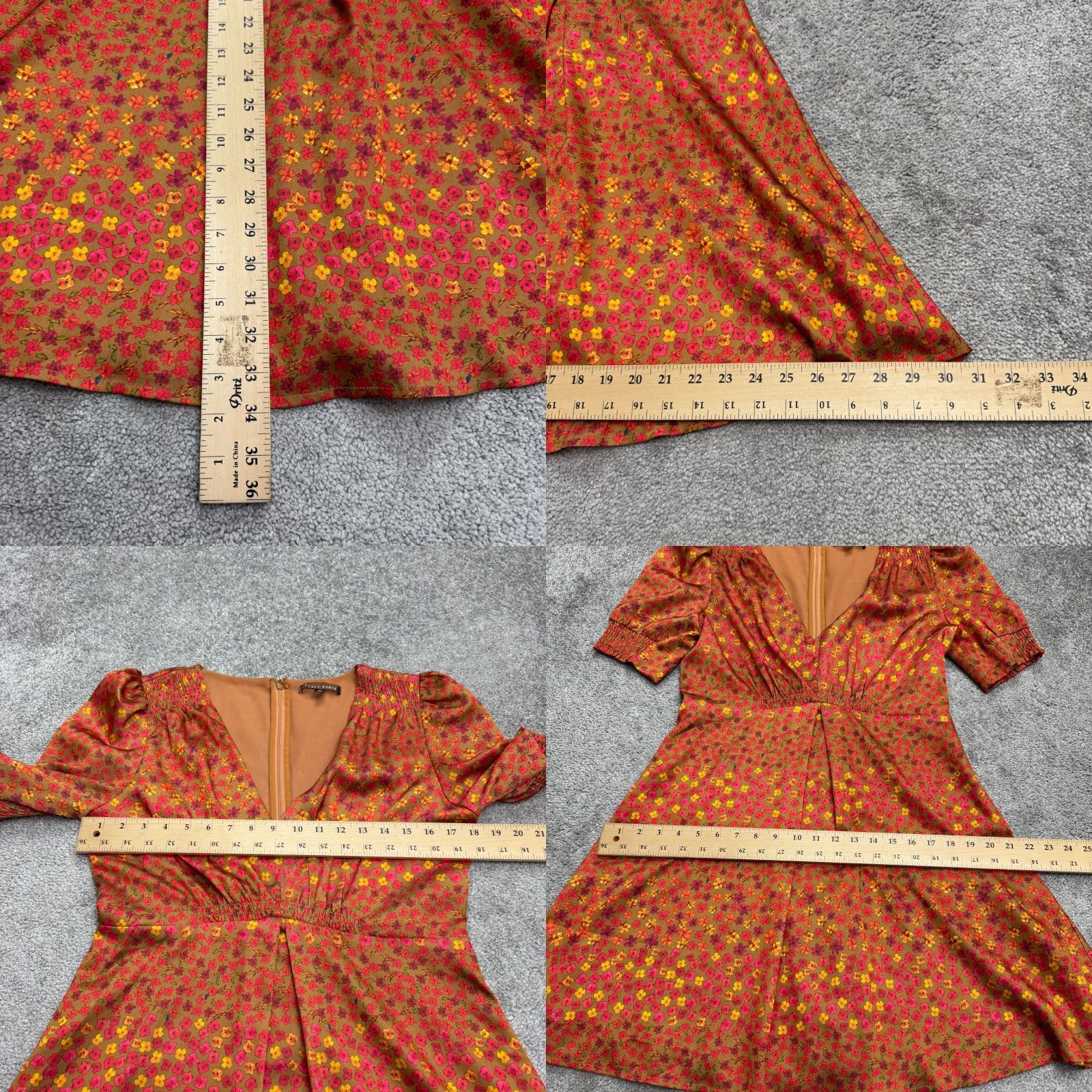 Vintage Honey Punch Dress Womens Large A-Line Mini Floral Rust Brown Puff Short Sleeve Size 36" / US 14 / IT 50 - 8 Thumbnail