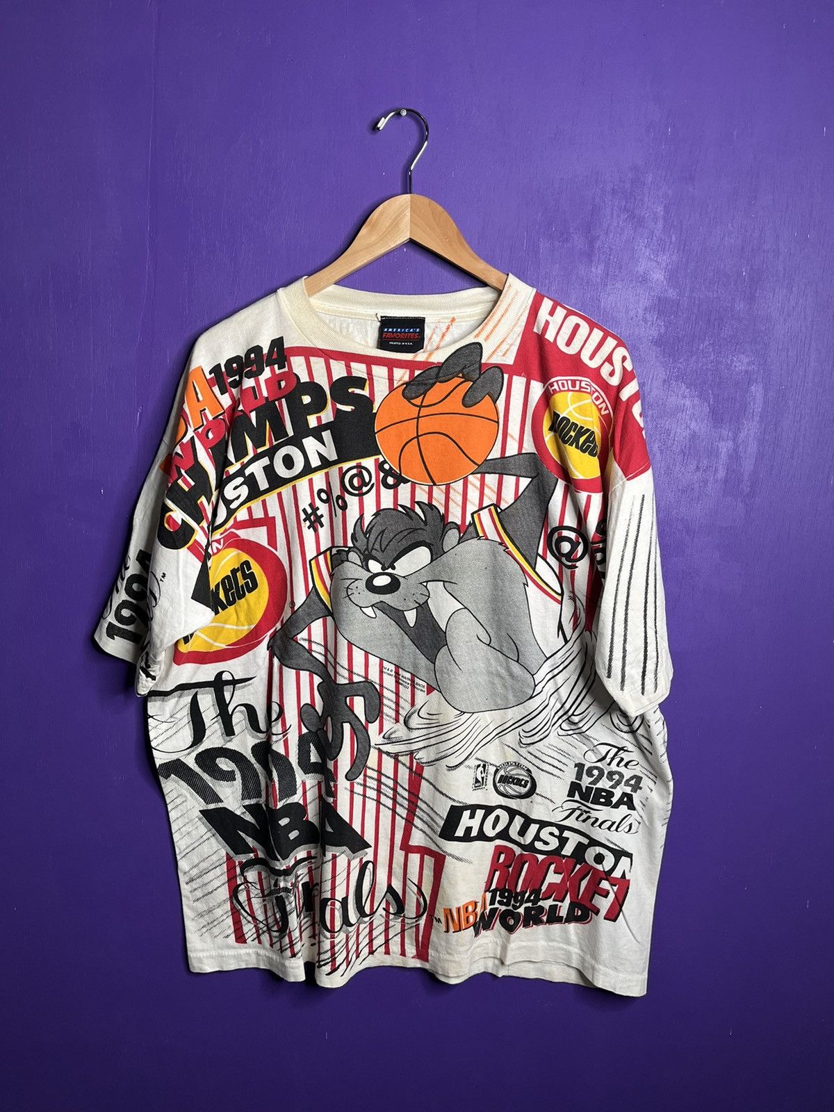 image of Magic Johnson x NBA Vintage 1994 Houston Rockets Taz Aop T-Shirt in White, Men's (Size XL)