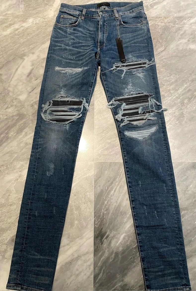 Amiri Amiri mx1 blue stitched leather jeans Size US 31 - 1 Thumbnail