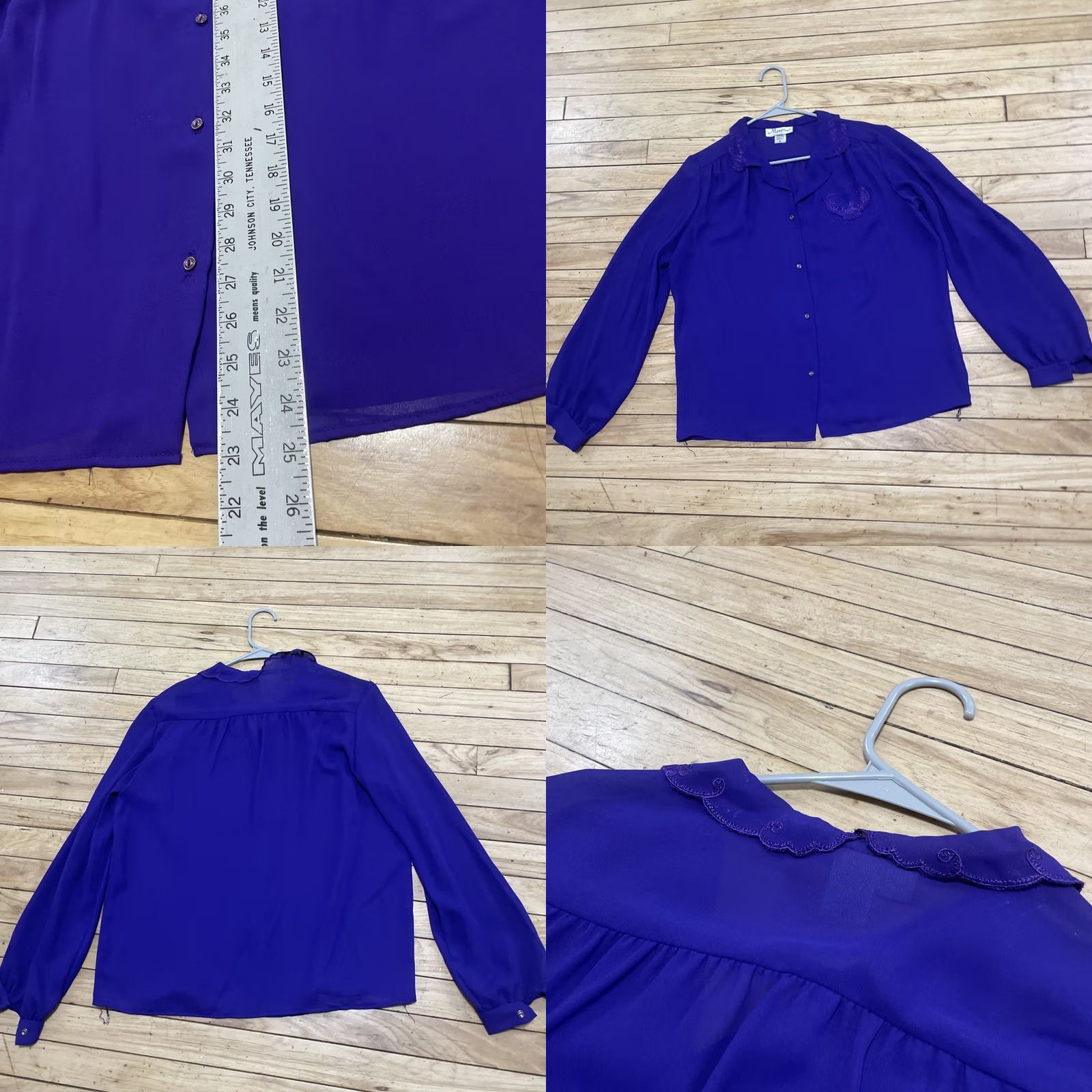 Vintage VINTAGE Manon Made USA Blouse Chiffon Top Women XL Purple Royal Purple Sheer Lace Button Up 1970s USA 70s Womens Size XL / US 12-14 / IT 48-50 - 9 Thumbnail