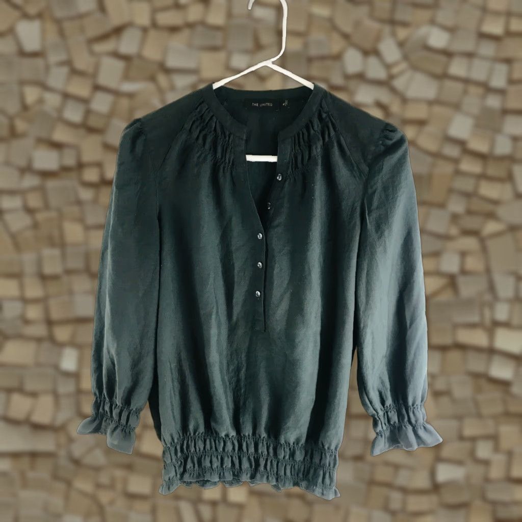 Vintage The Limited Blouse Women's XS Hunter Green Smocked Waist 3/4 Button Ruffled Size XS / US 0-2 / IT 36-38 - 1 Thumbnail