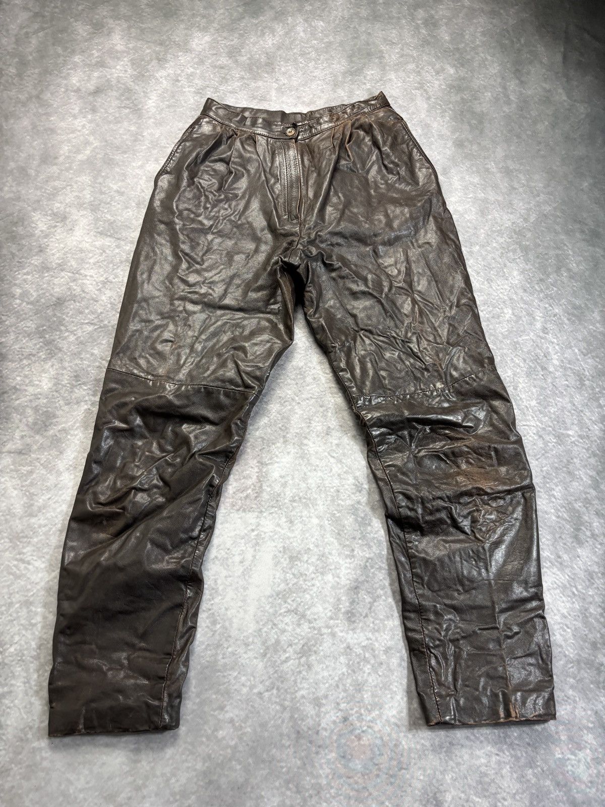Indian Motorcycle × Leather × Vintage 1980s Vintage Leather Pants Triple Pleated Brown Biker Trous Size US 28 / EU 44 - 9 Thumbnail